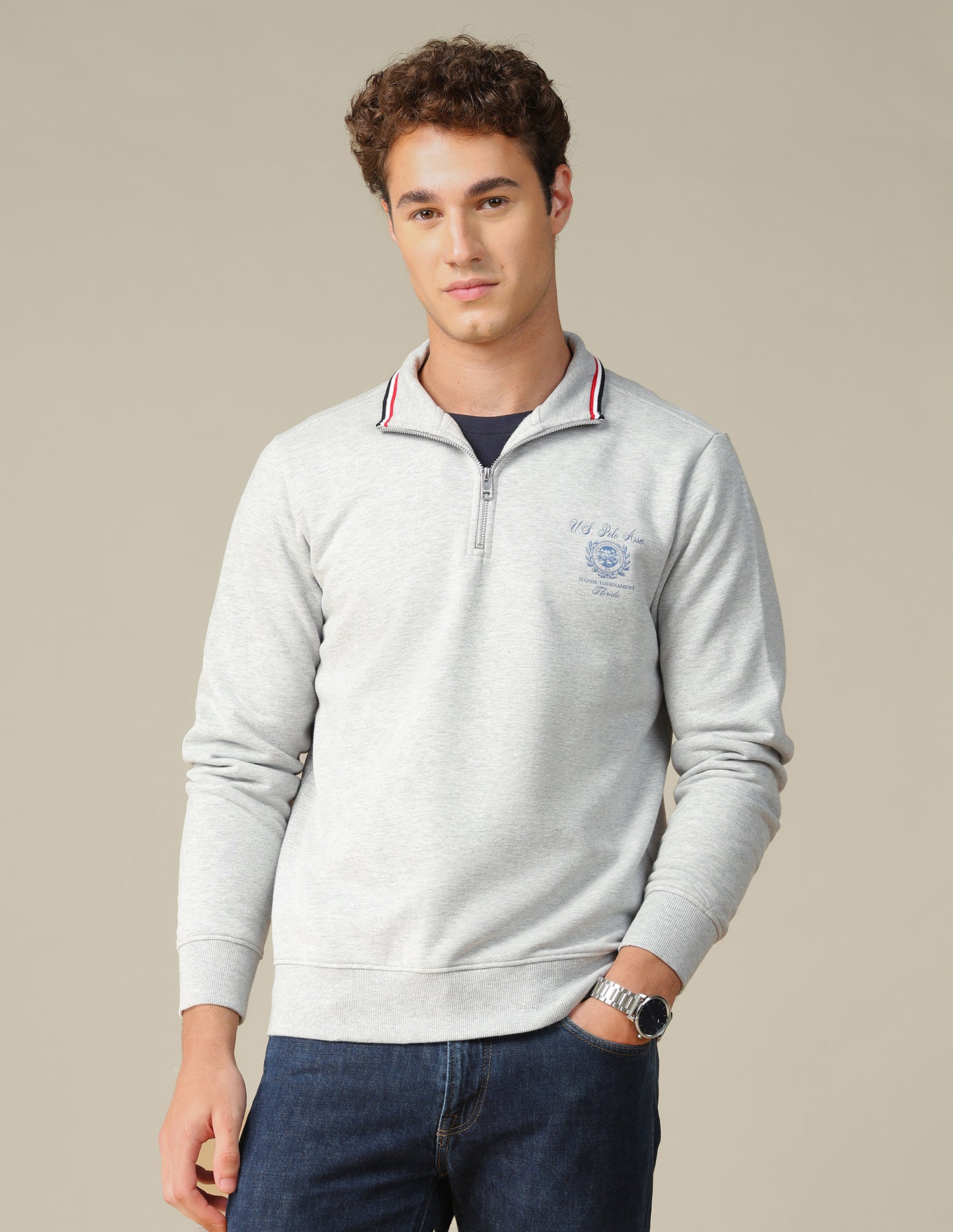 Solid Zipper Sweatshirt Ecru Melange - U.S. Polo Assn. India | Large