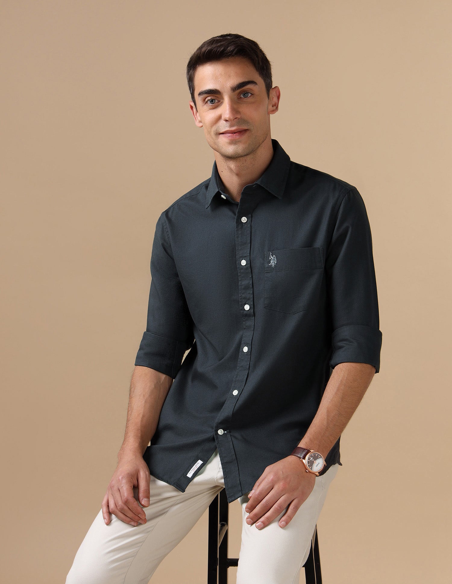 Tailored Fit Pure Cotton Shirt Dark Grey - U.S. Polo Assn. India | Large