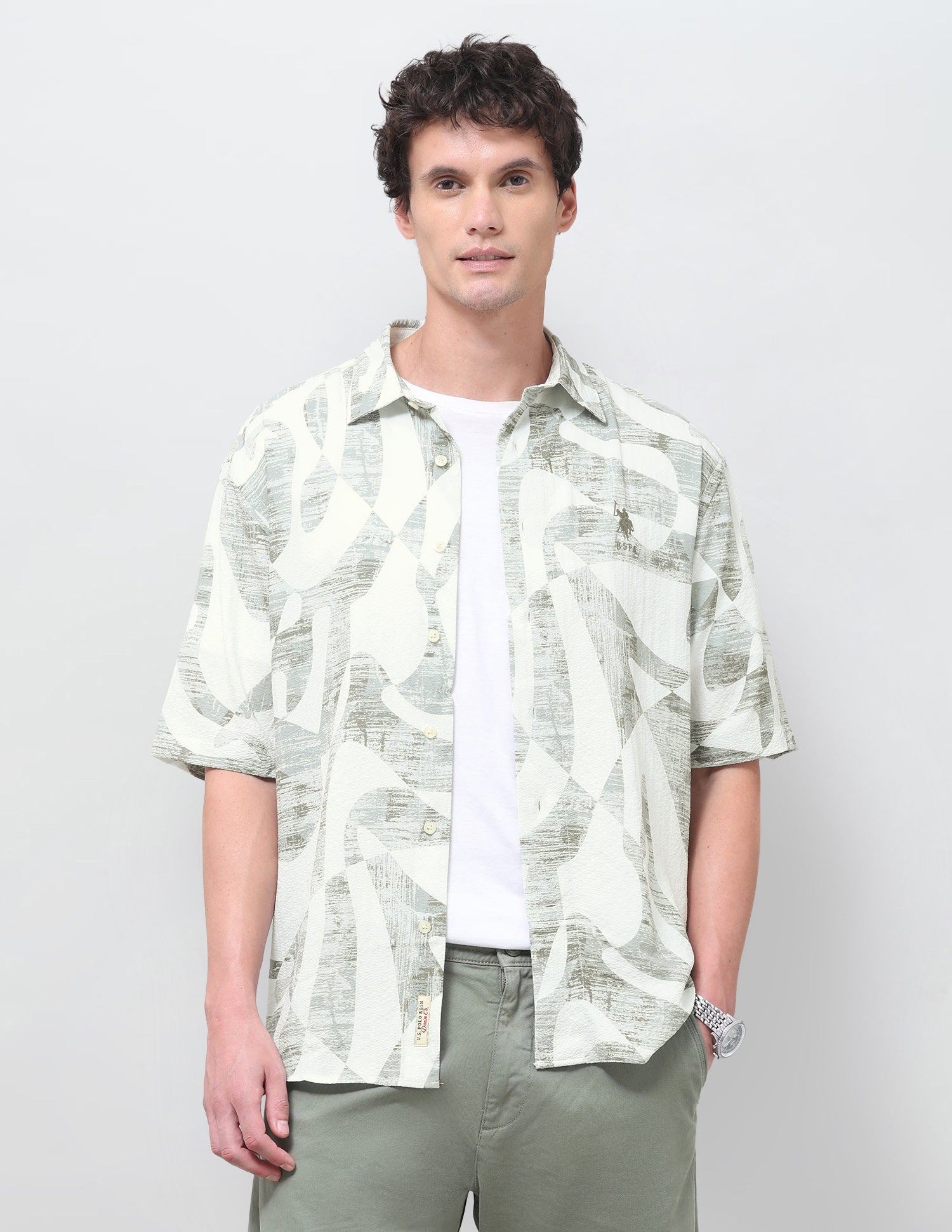 Abstract Printed Seersucker Shirt Light Green - U.S. Polo Assn. India | Large