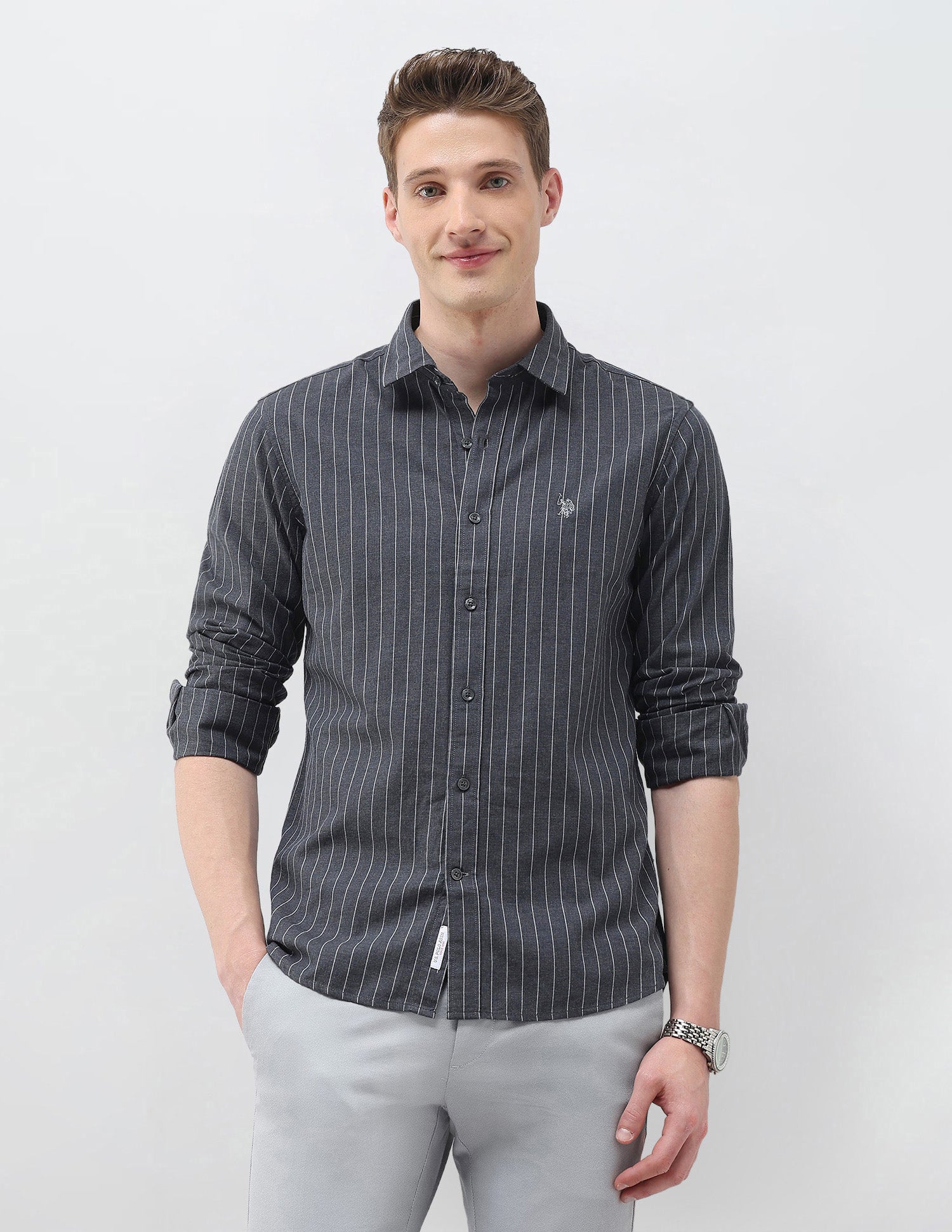 Twill Vertical Striped Shirt Dark Grey - U.S. Polo Assn. India | Large