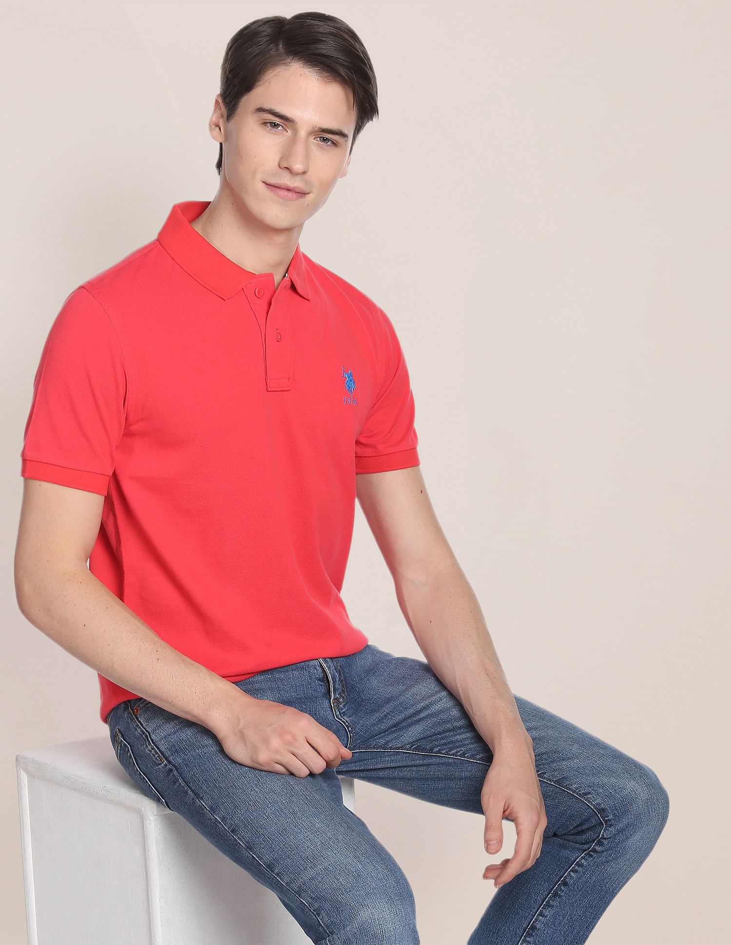 Ribbed Collar Solid Polo Shirt Red - U.S. POLO ASSN. | Large