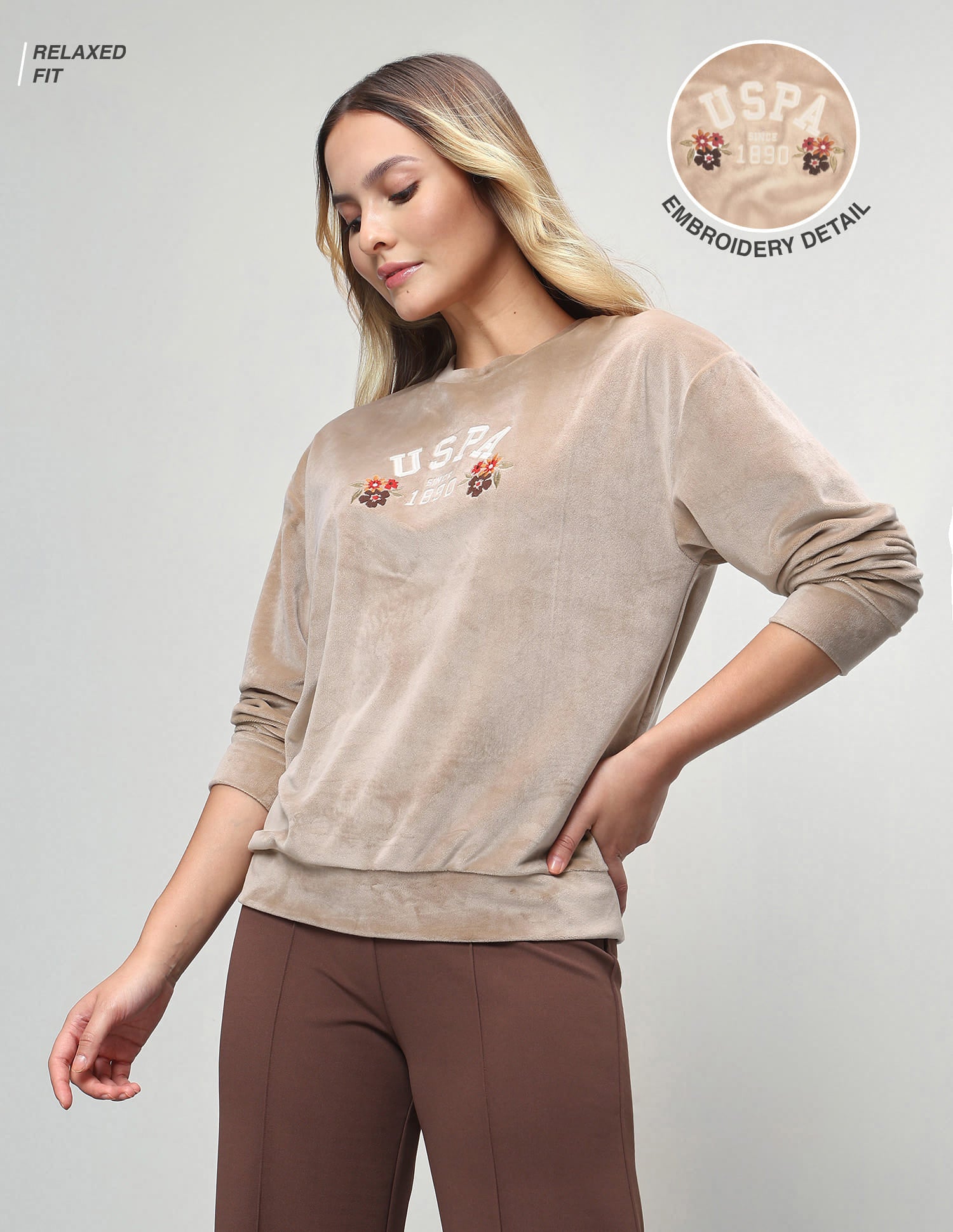 Brand Floral Embroidered Relaxed Fit Sweatshirt Beige - U.S. Polo Assn. India | Large
