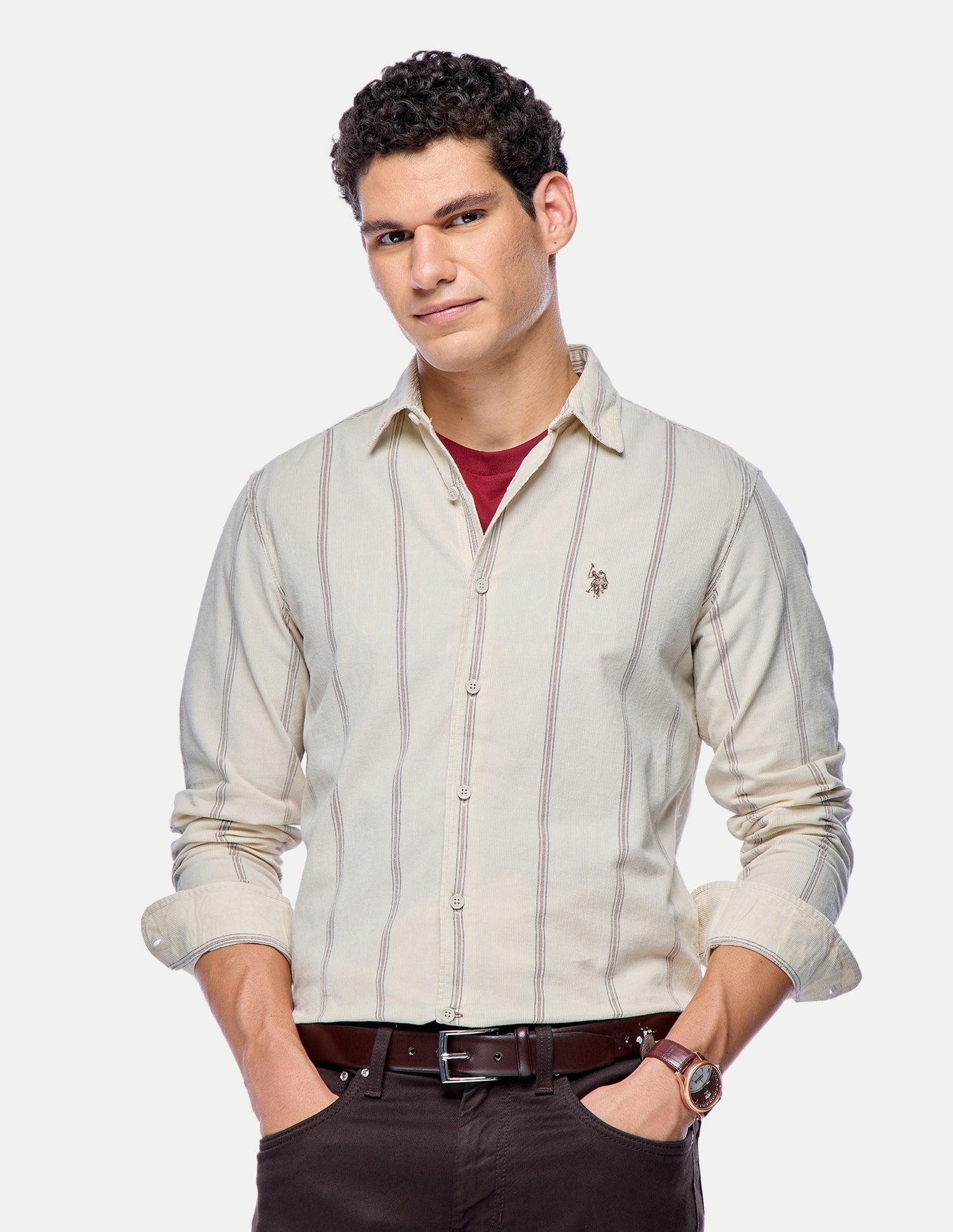 Vertical Striped Corduroy Shirt Ivory - U.S. Polo Assn. India | Large