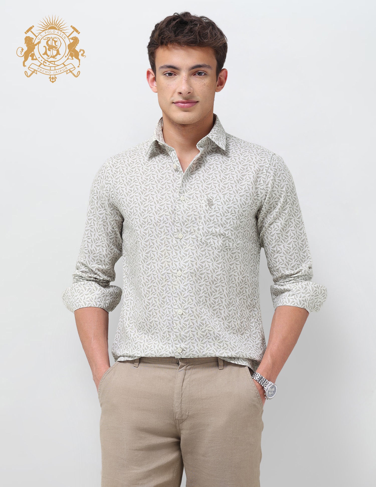 Pacho X Tropical Printed Regular Fit Shirt Light Olive - U.S. Polo Assn. India | Large