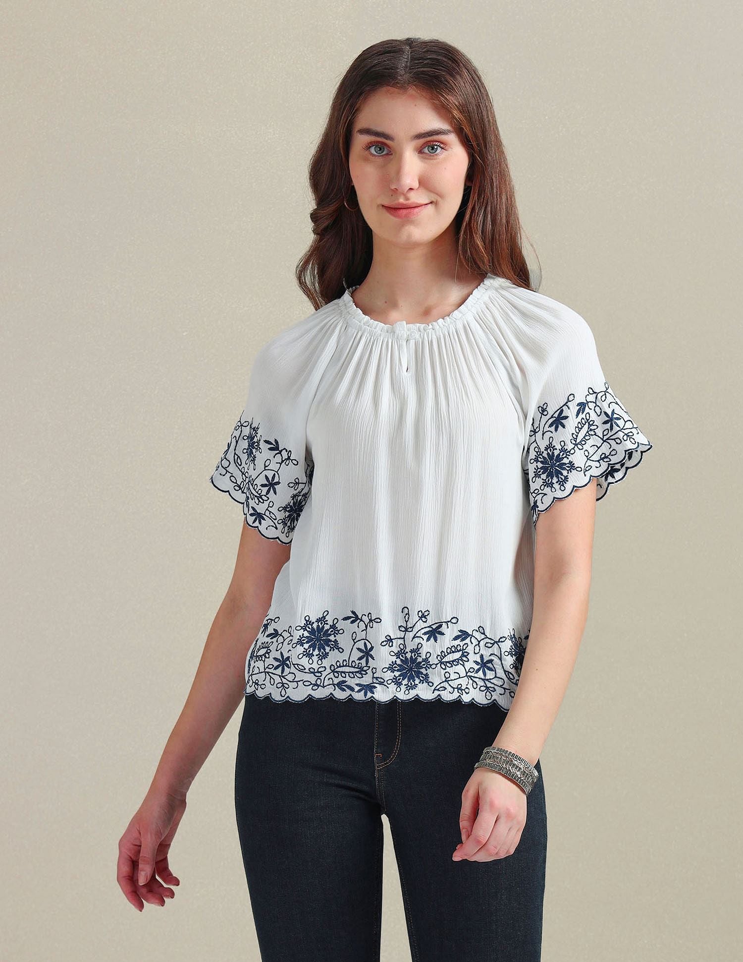 Crinkle Viscose Embroidered Top