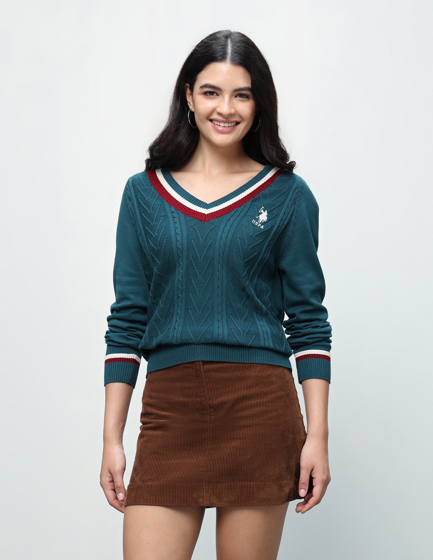 Cable Patterned Knit Regular Fit Sweater Teal - U.S. Polo Assn. India | Large