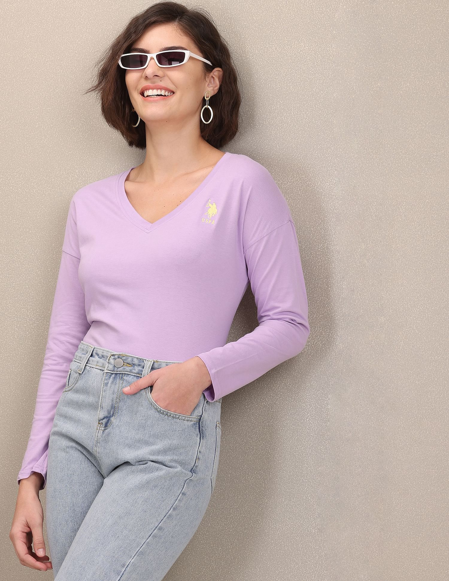 V-Neck Long Sleeve Cotton Top Lavender - U.S. Polo Assn. India | Large