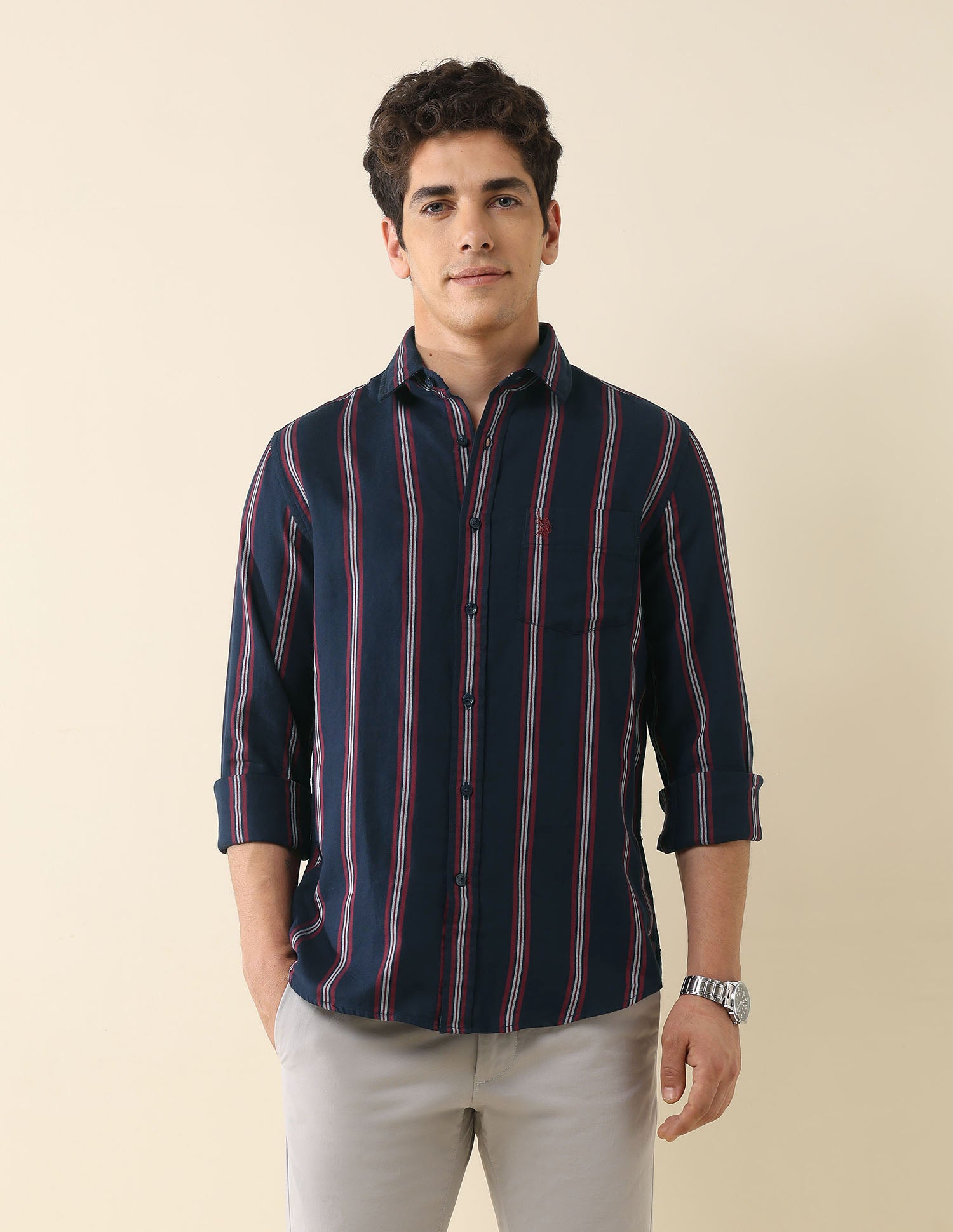 Vertical Striped Pure Cotton Shirt Navy - U.S. POLO ASSN. | Large