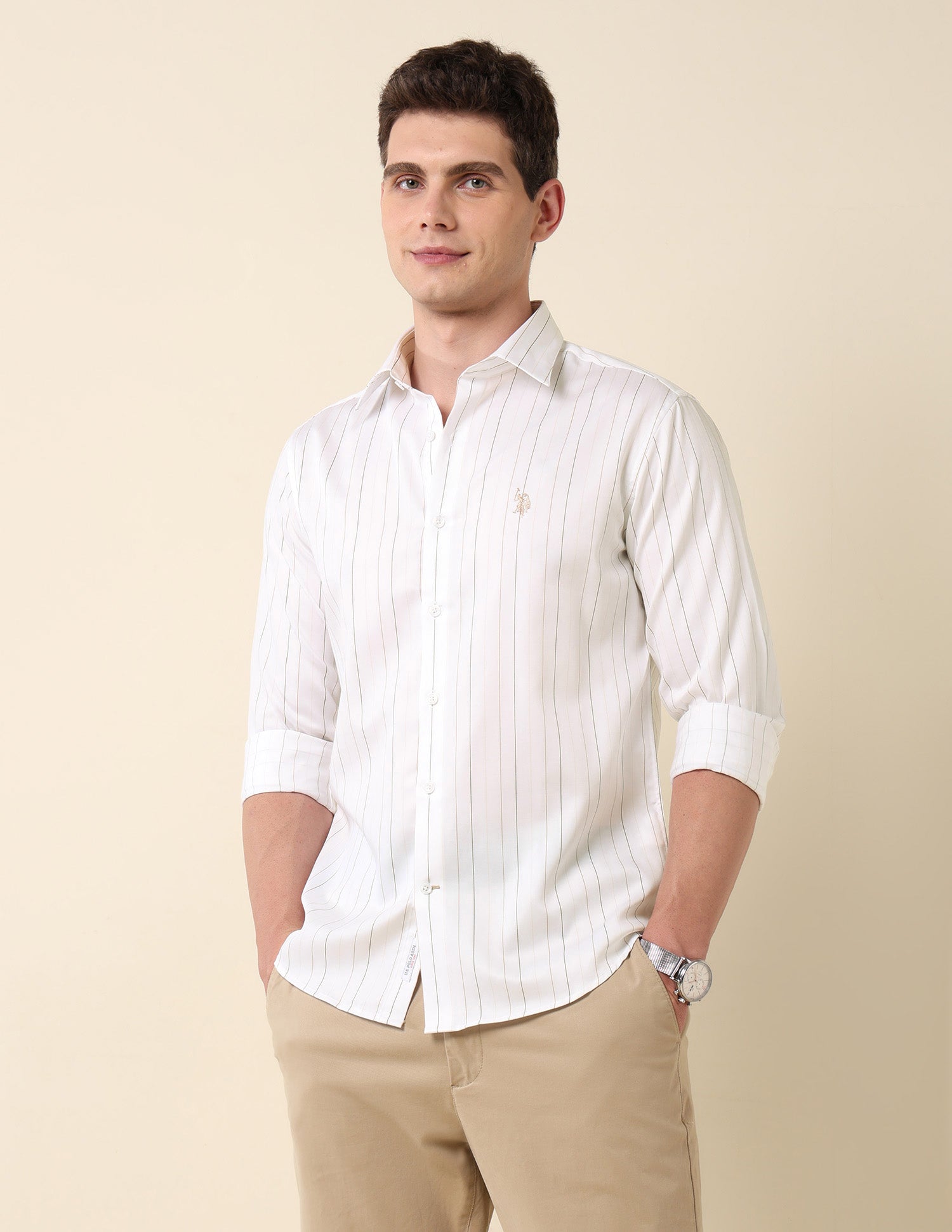 Vertical Striped Pure Cotton Shirt Beige - U.S. Polo Assn. India | Large