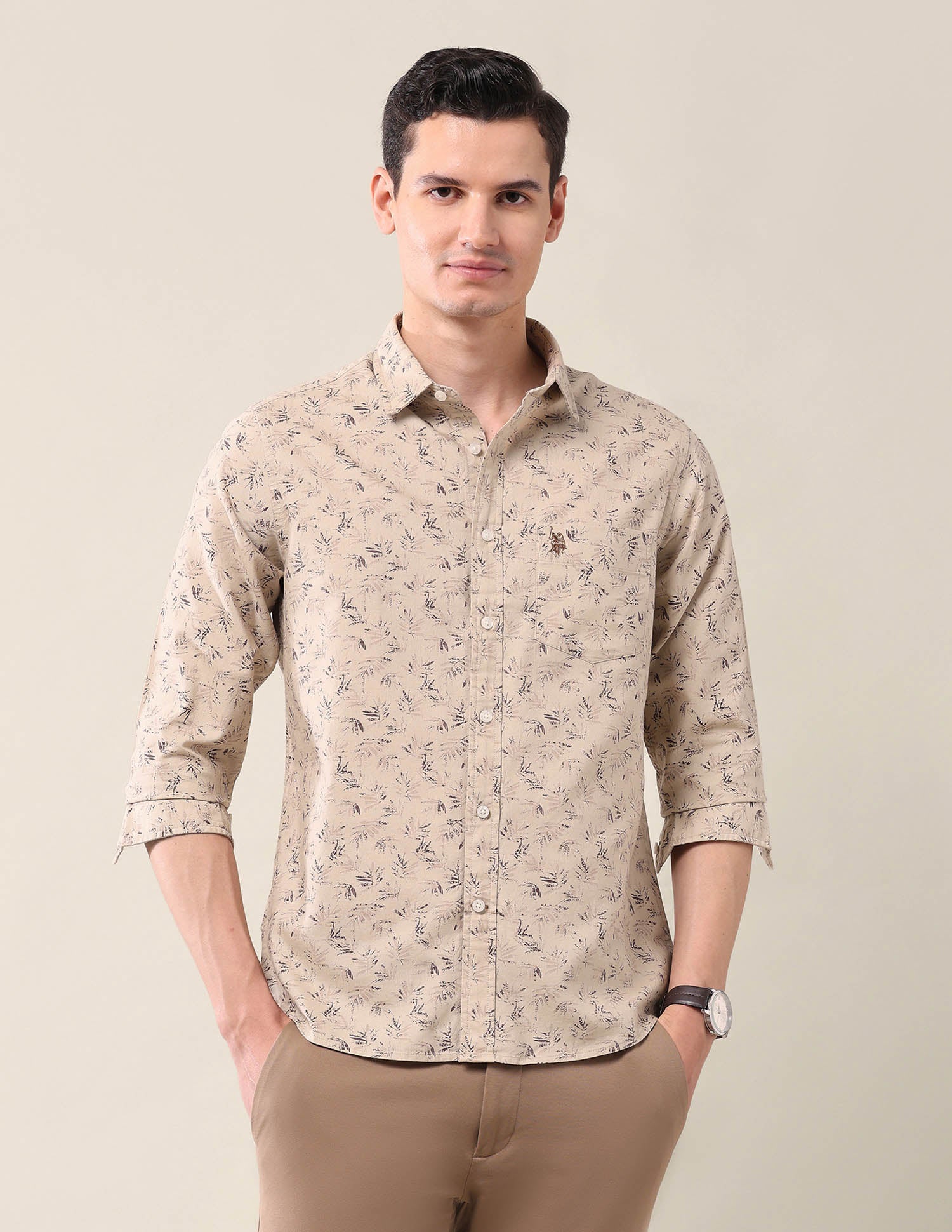 Tailored Fit All-Over Printed Shirt Beige - U.S. Polo Assn. India | Large
