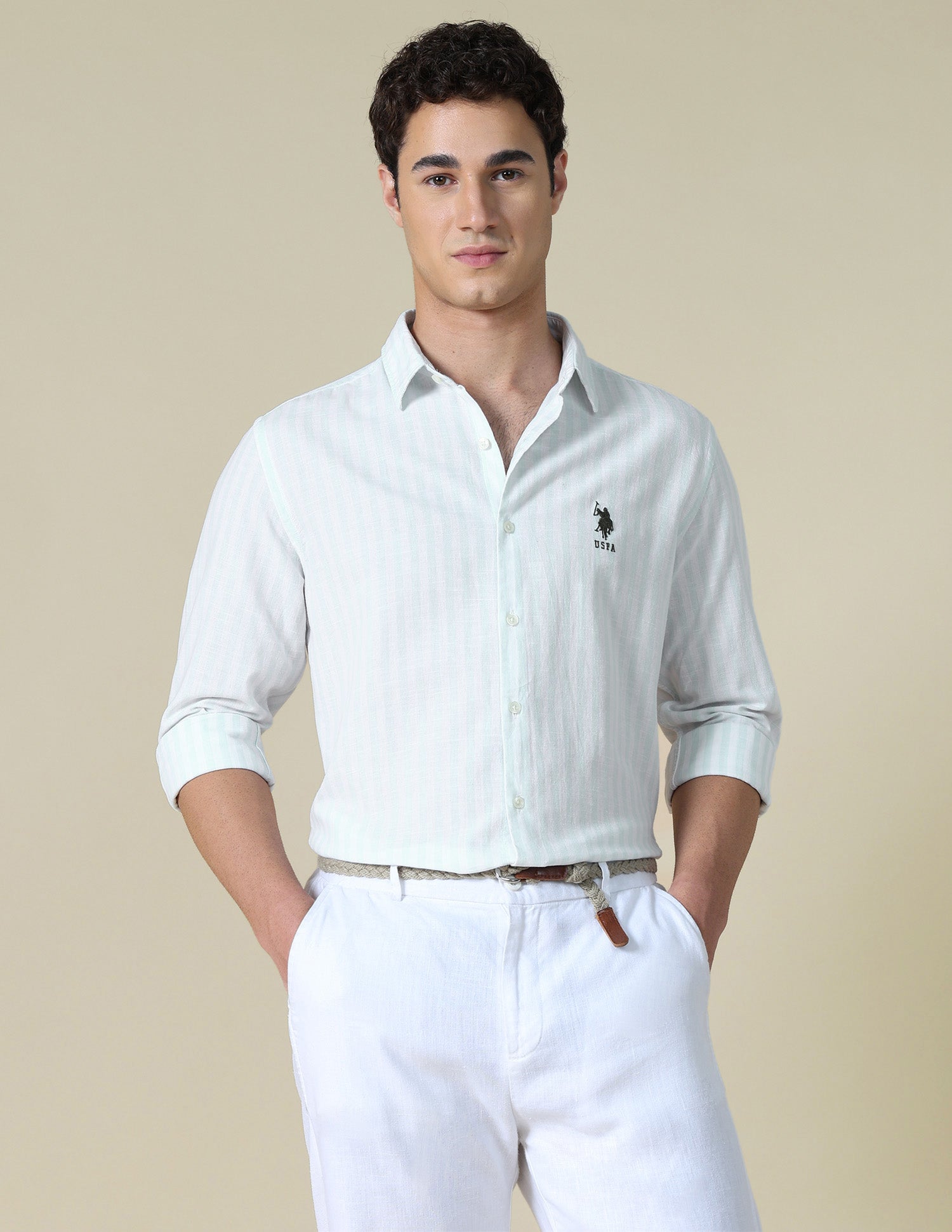 Vertical Striped Regular Fit Shirt Light Green - U.S. Polo Assn. India | Large