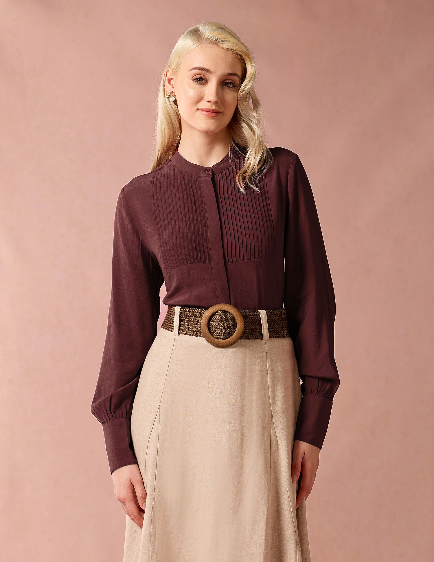 Mandarin Collar Pintucked Top