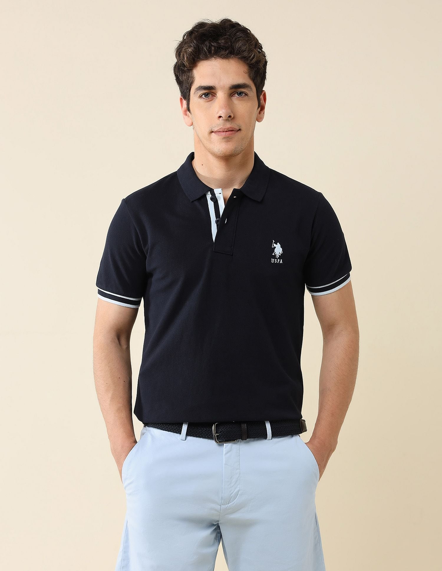 Striped Placket Slim Fit Polo Shirt