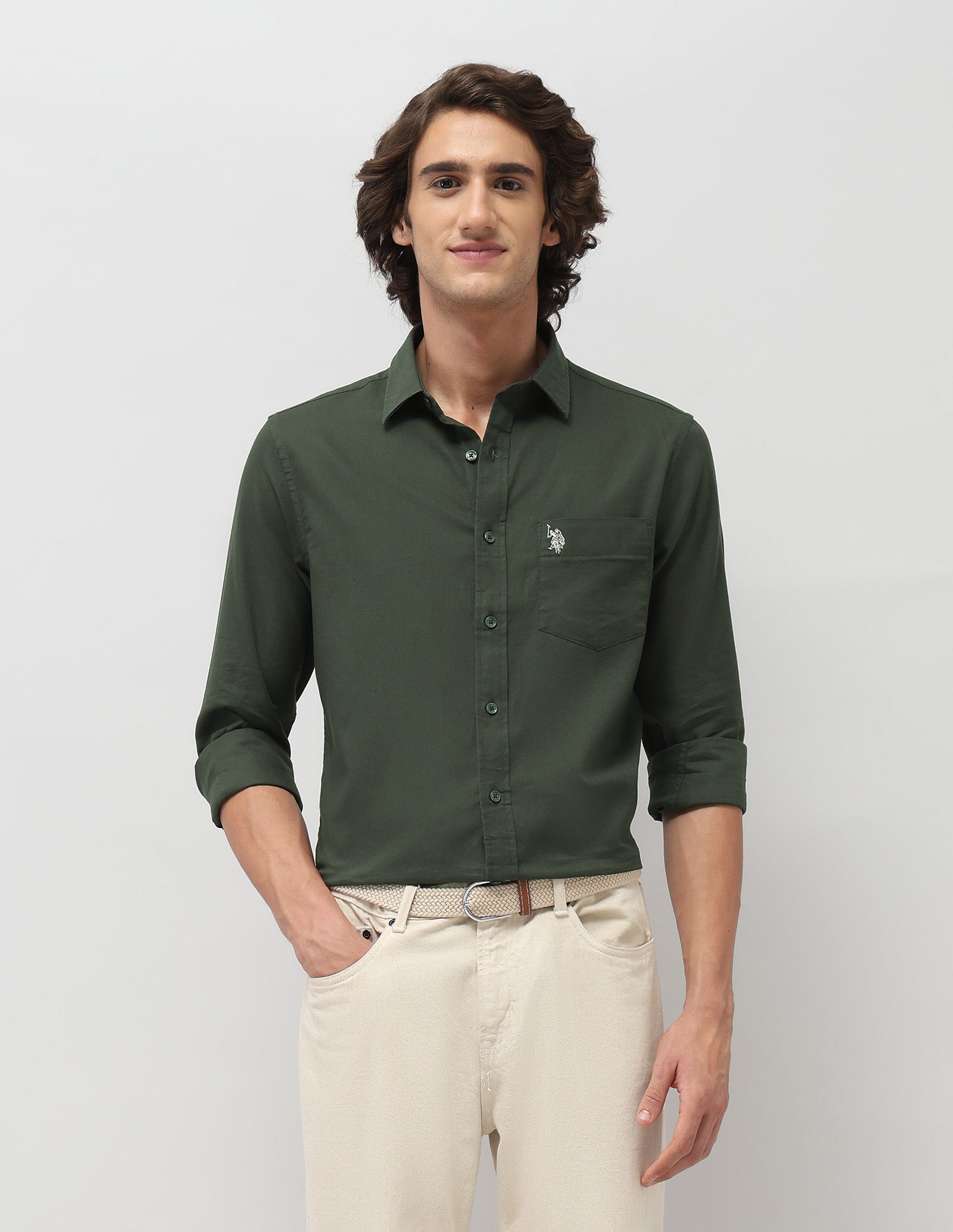 Tailored Fit Pure Cotton Shirt Dark Olive - U.S. Polo Assn. India | Large
