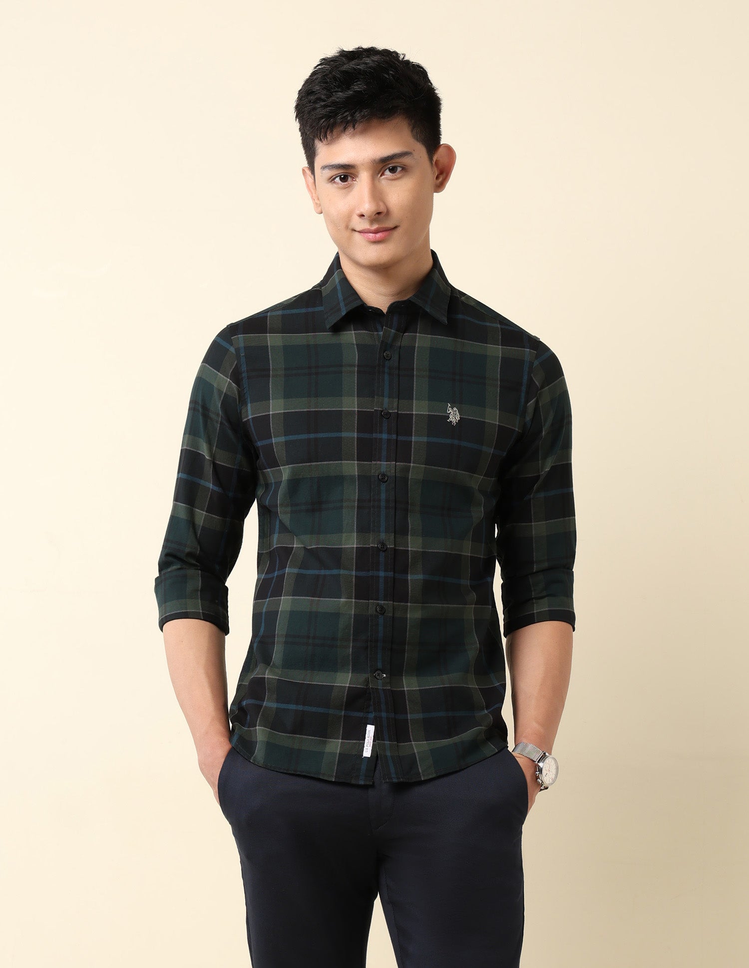 Pure Cotton Tailored Fit Dobby Shirt Dark Green - U.S. Polo Assn. India | Large