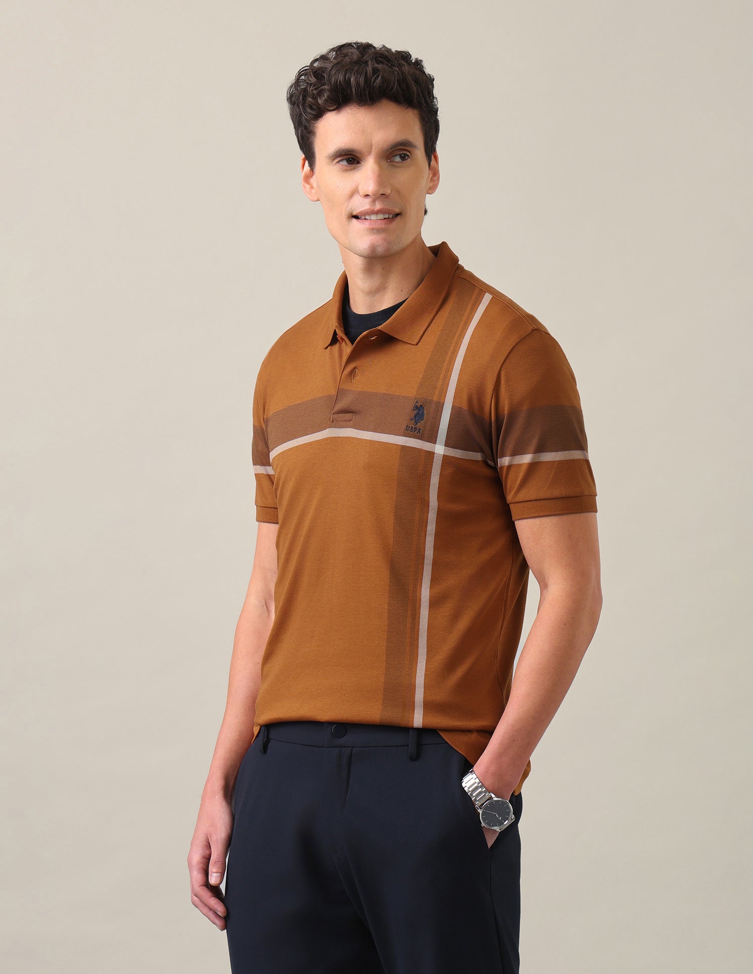 Horizontal Striped Slim Fit Polo Shirt Mustard - U.S. Polo Assn. India | Large