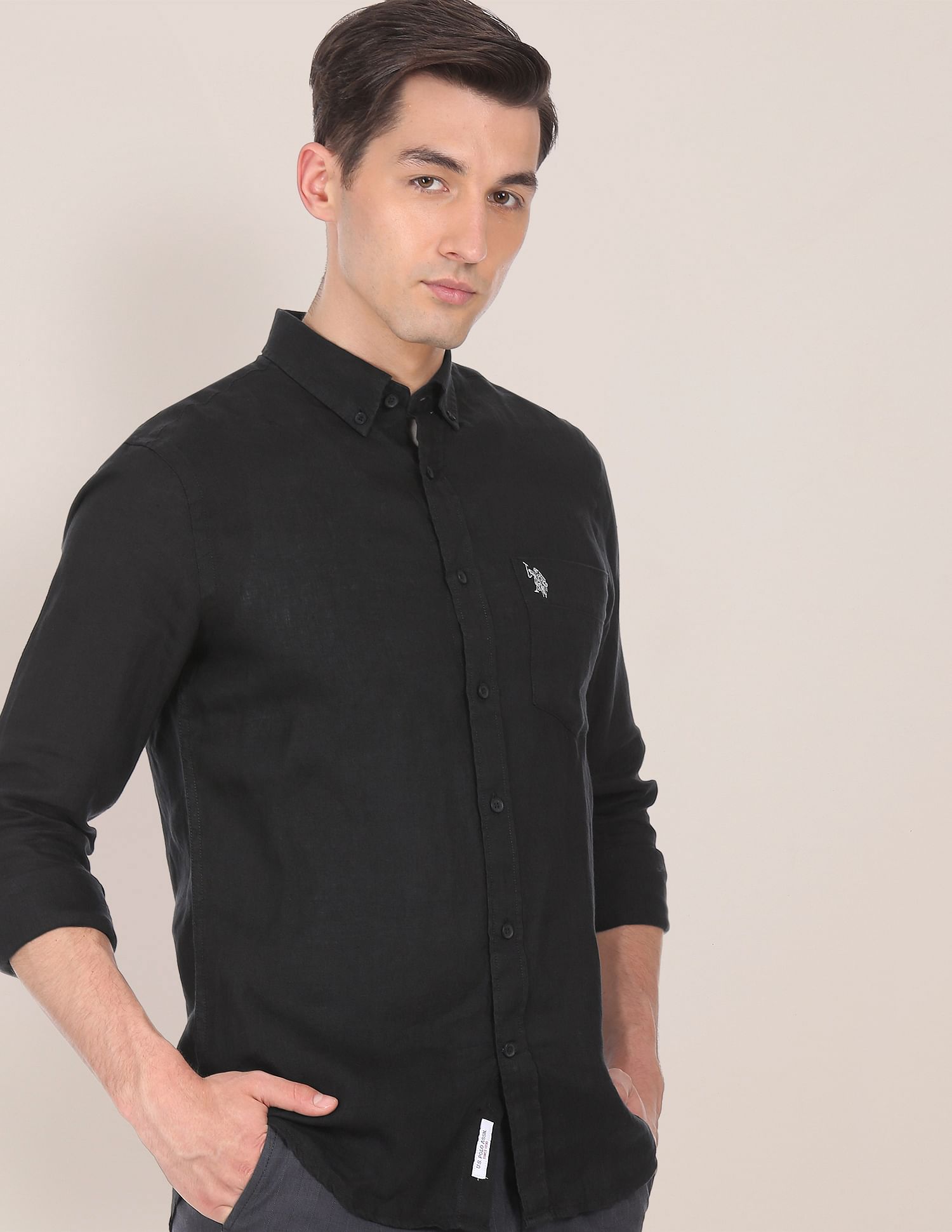 Men Black Button Down Collar Linen Solid Casual Shirt Black - U.S. POLO ASSN. | Large