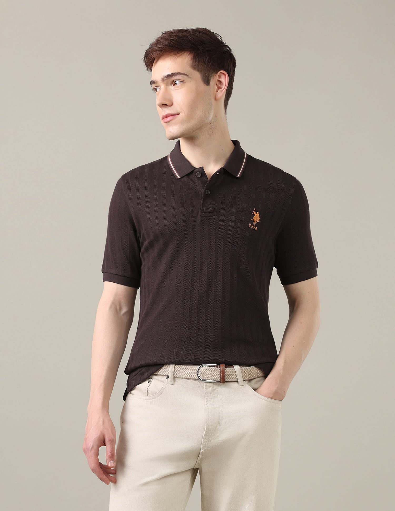 Textured Chevron Slim Fit Polo Shirt Brown - U.S. Polo Assn. India | Large