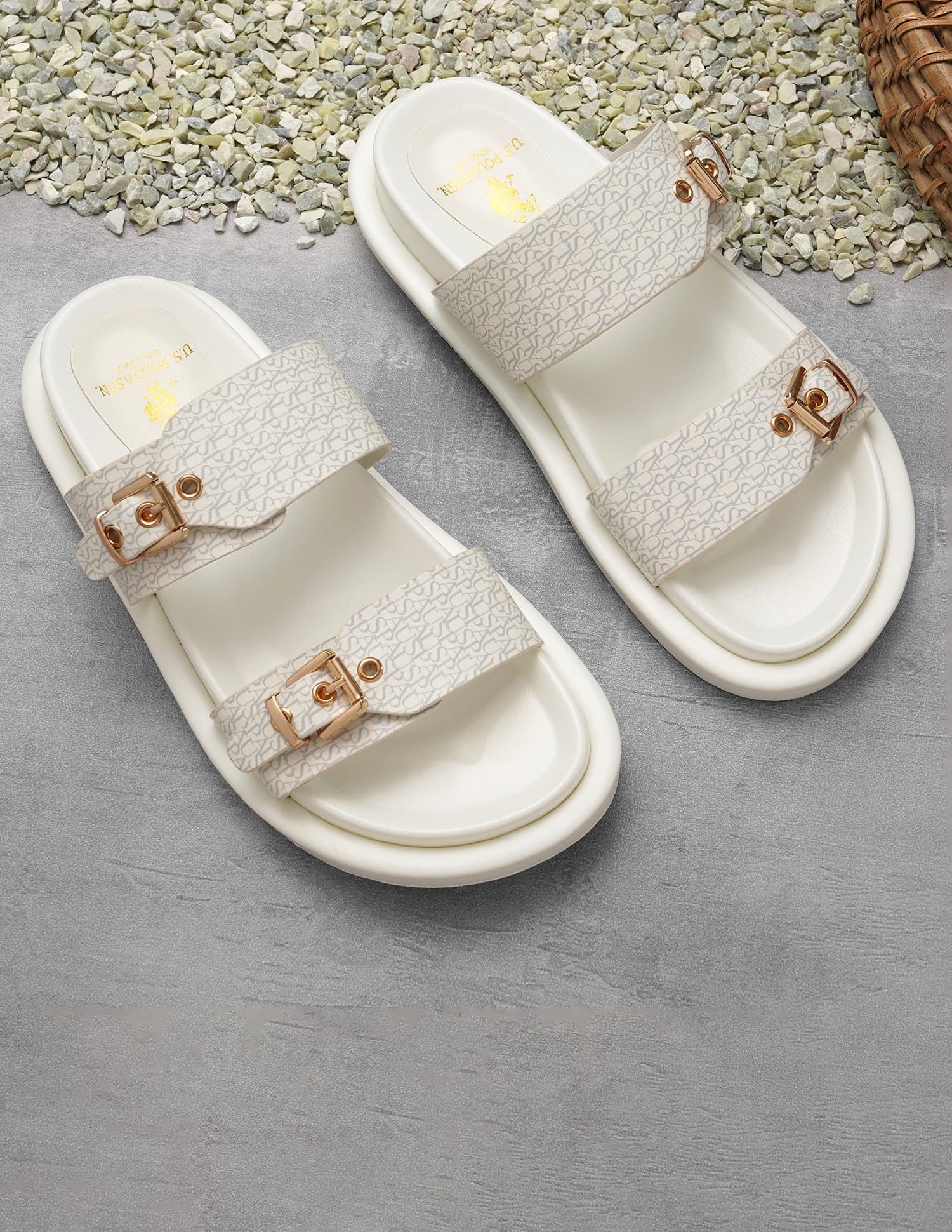 Maria Off White Monogram Print Footbed Flats White - U.S. Polo Assn. India | Large