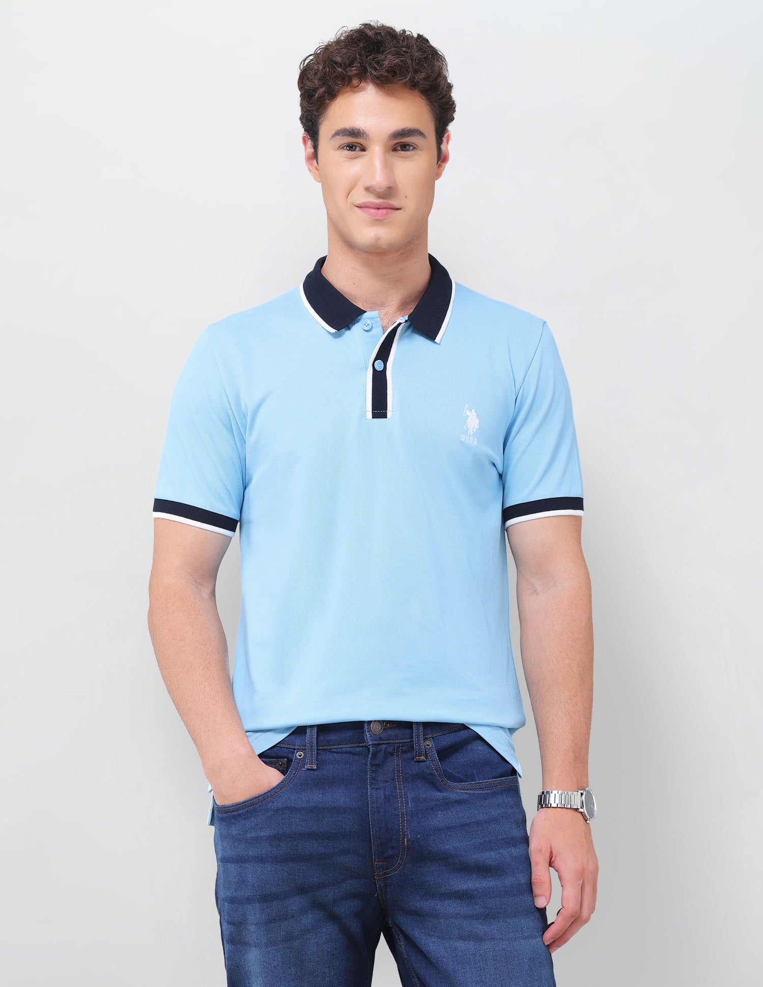 Solid Slim Fit Polo Shirt Light Blue - U.S. Polo Assn. India | Large