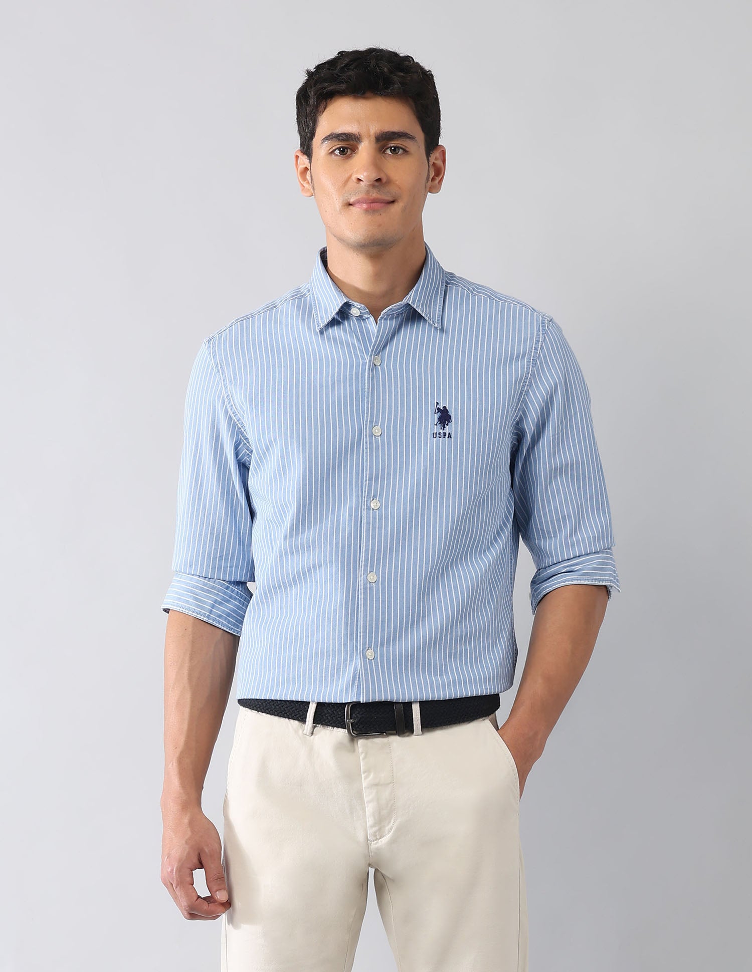 Vertical Striped Twill Pure Cotton Shirt Light Indigo - U.S. Polo Assn. India | Large