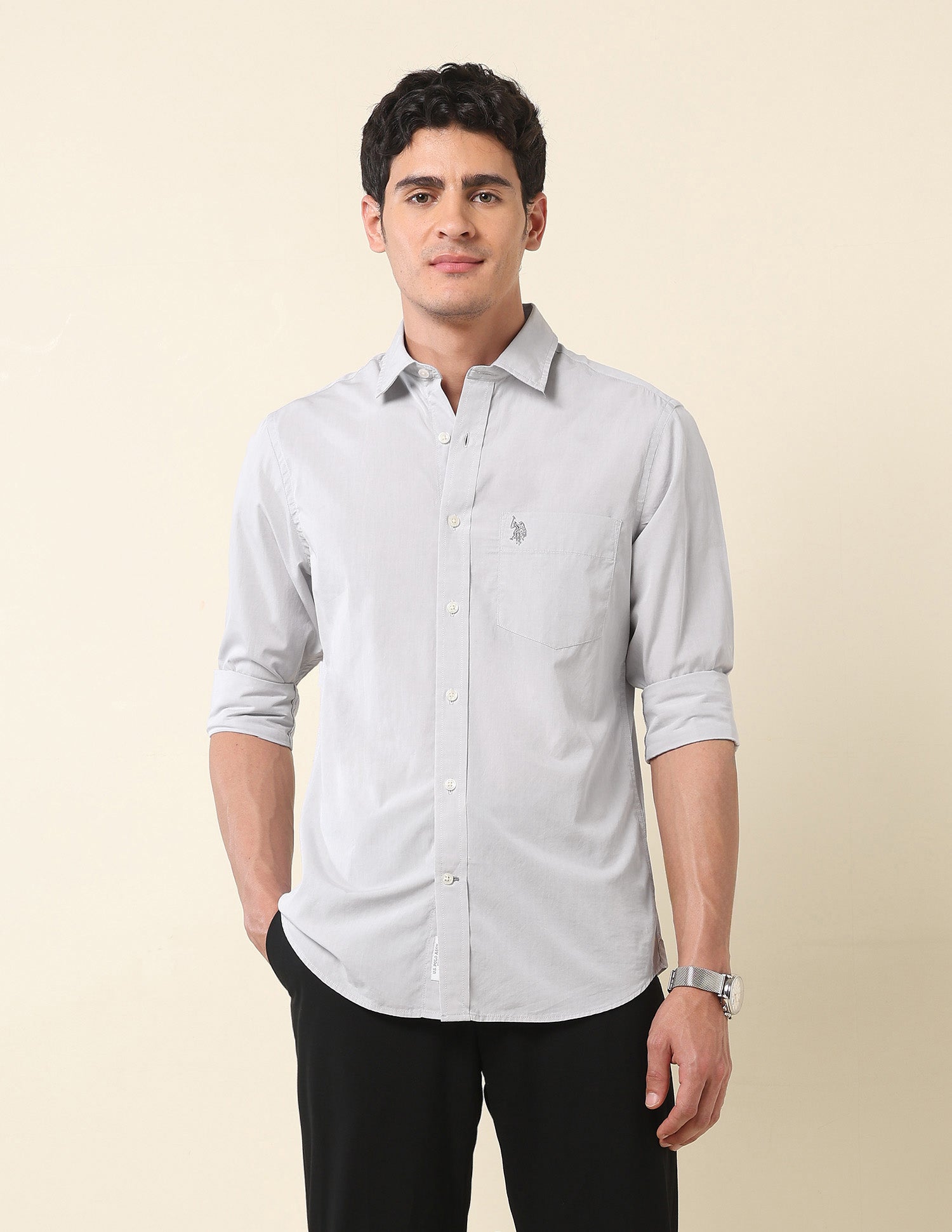 Pure Cotton Tailored Fit Shirt Light Grey - U.S. Polo Assn. India | Large