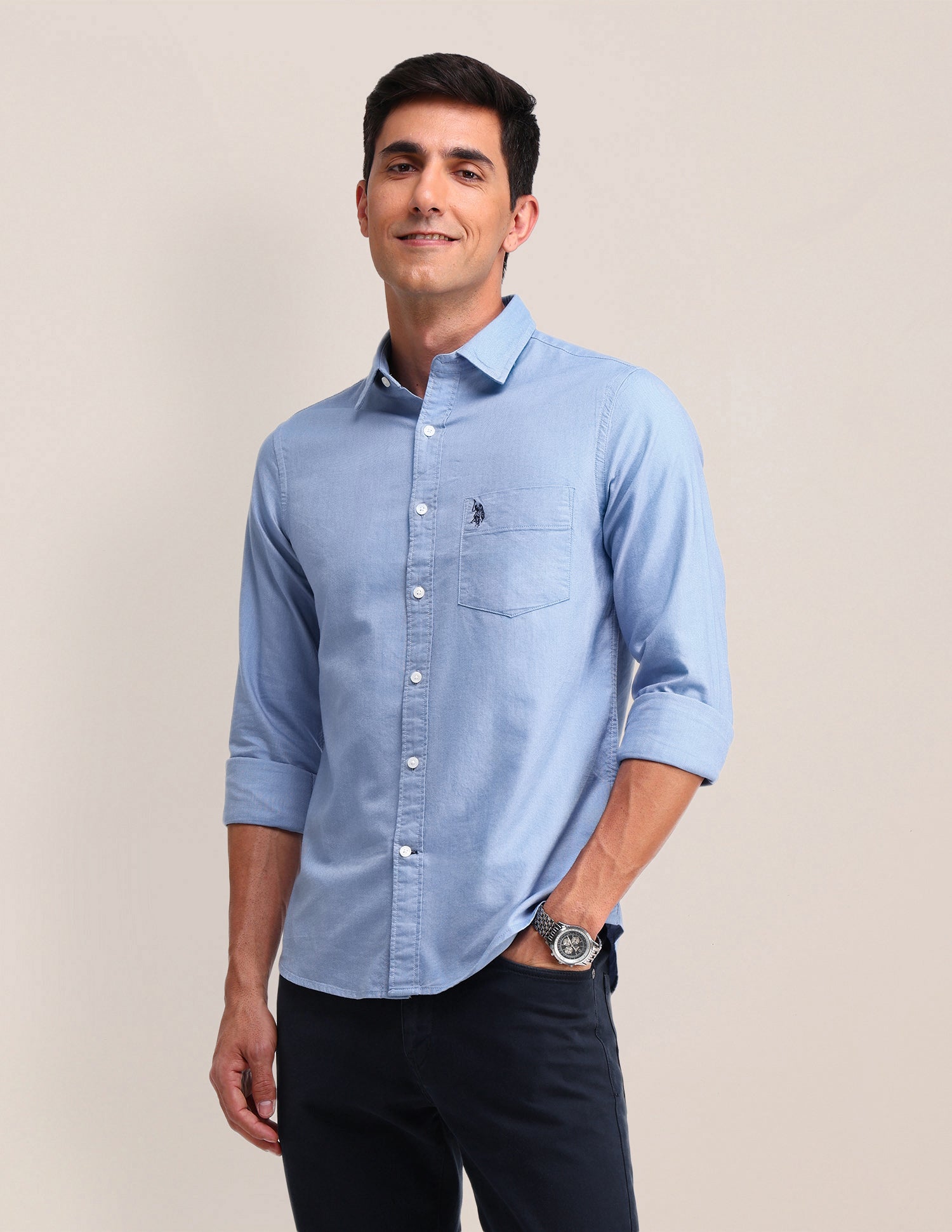 Solid Pattern Oxford Shirt Light Blue - U.S. Polo Assn. India | Large