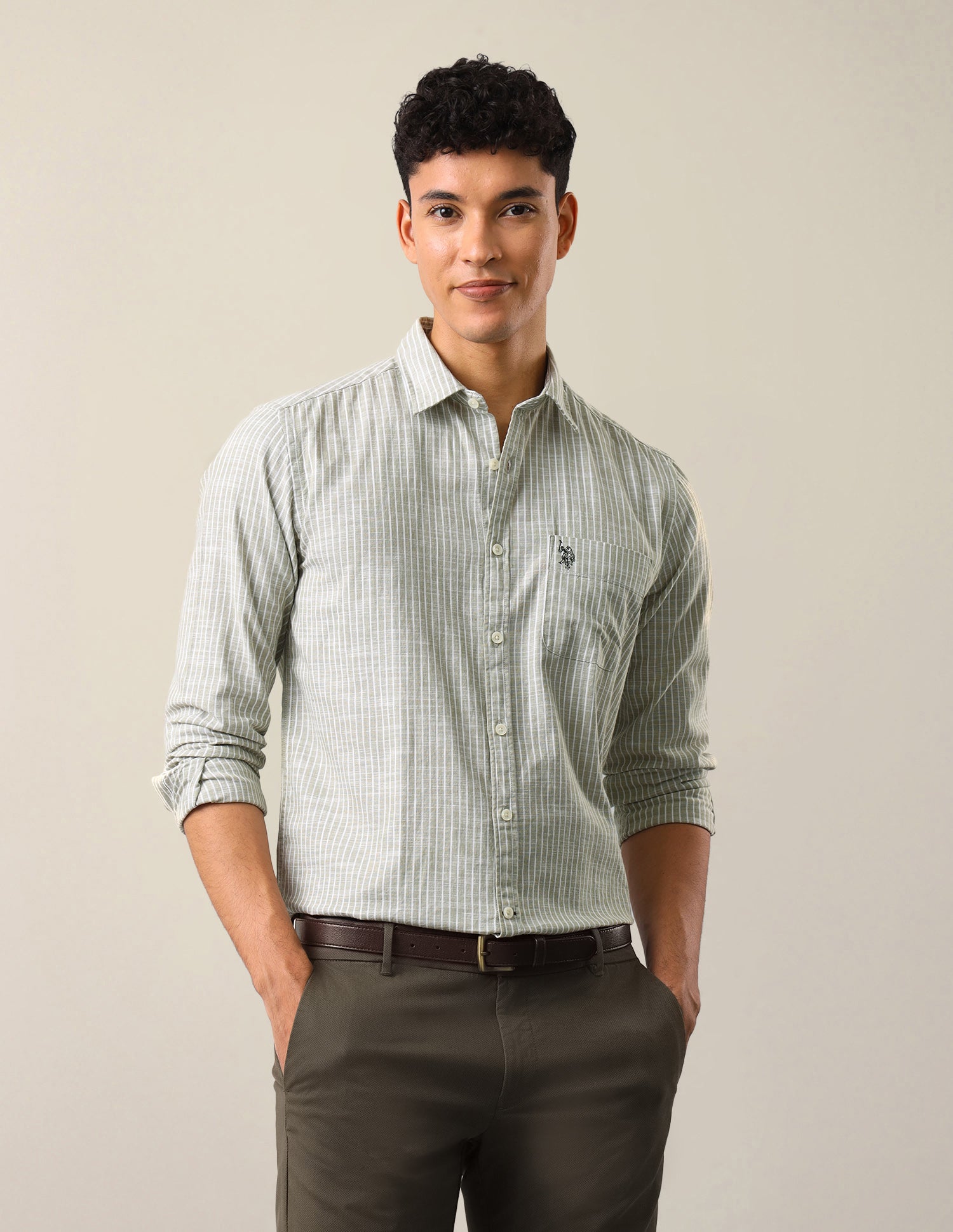 Vertical Striped Regular Fit Shirt Light Green - U.S. Polo Assn. India | Large