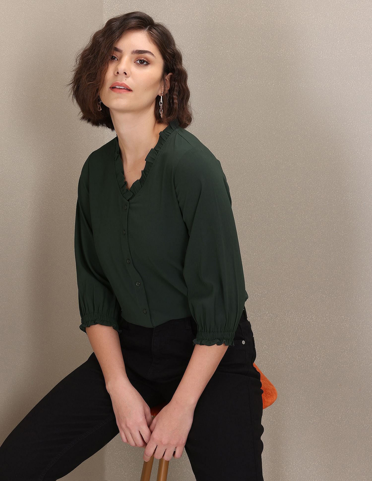 Ruffled V-Neck Solid Top