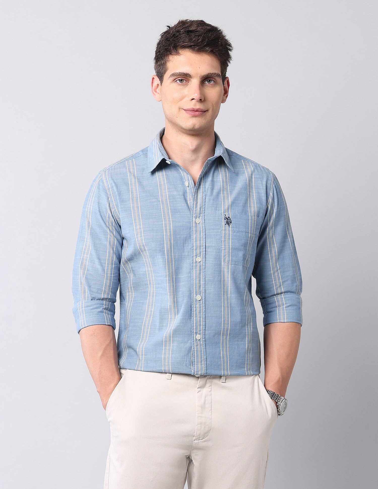Vertical Striped Pure Cotton Shirt Blue - U.S. Polo Assn. India | Large