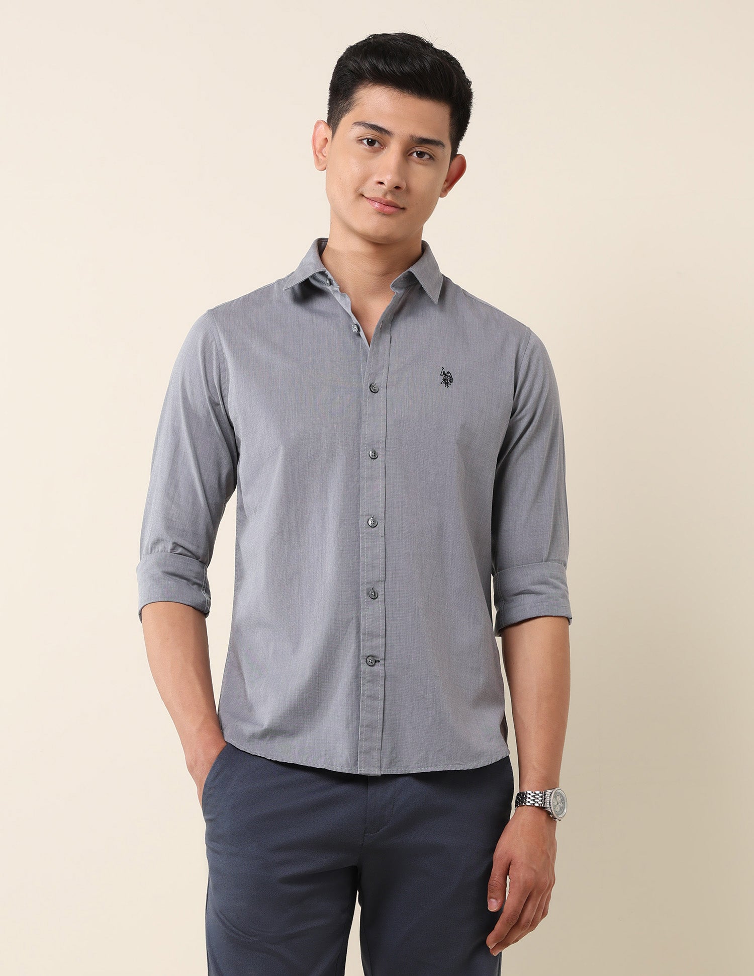 Tailored Fit Pure Cotton Shirt Grey - U.S. Polo Assn. India | Large