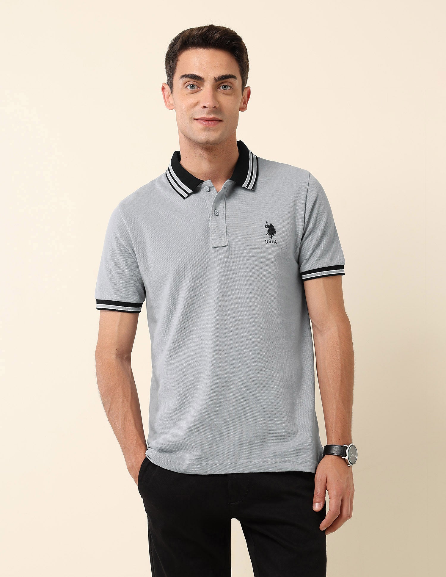 Slim Fit Solid Polo Shirt Light Grey - U.S. Polo Assn. India | Large