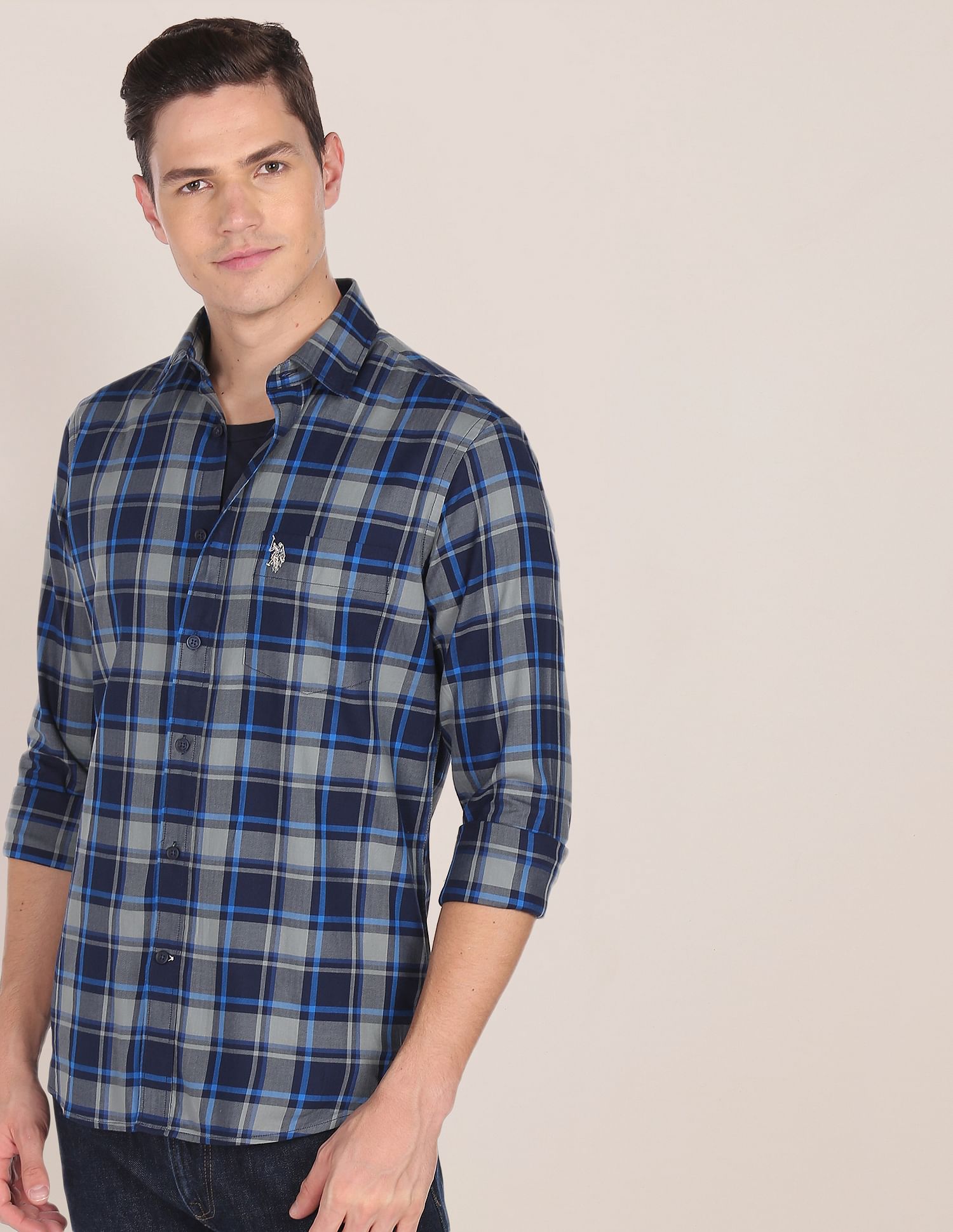 Tartan Check Herringbone Casual Shirt Navy - U.S. Polo Assn. India | Large