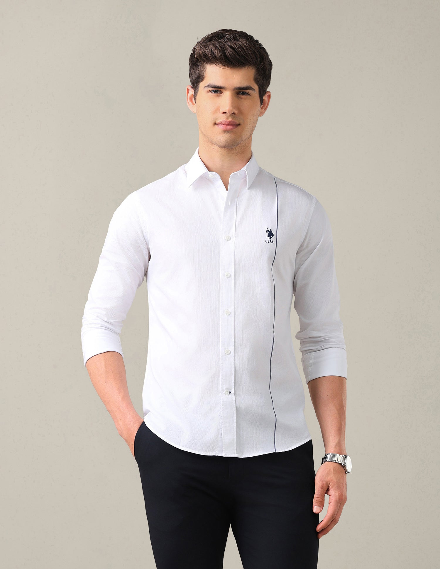 Dobby Tailored Fit Shirt White - U.S. Polo Assn. India | Large
