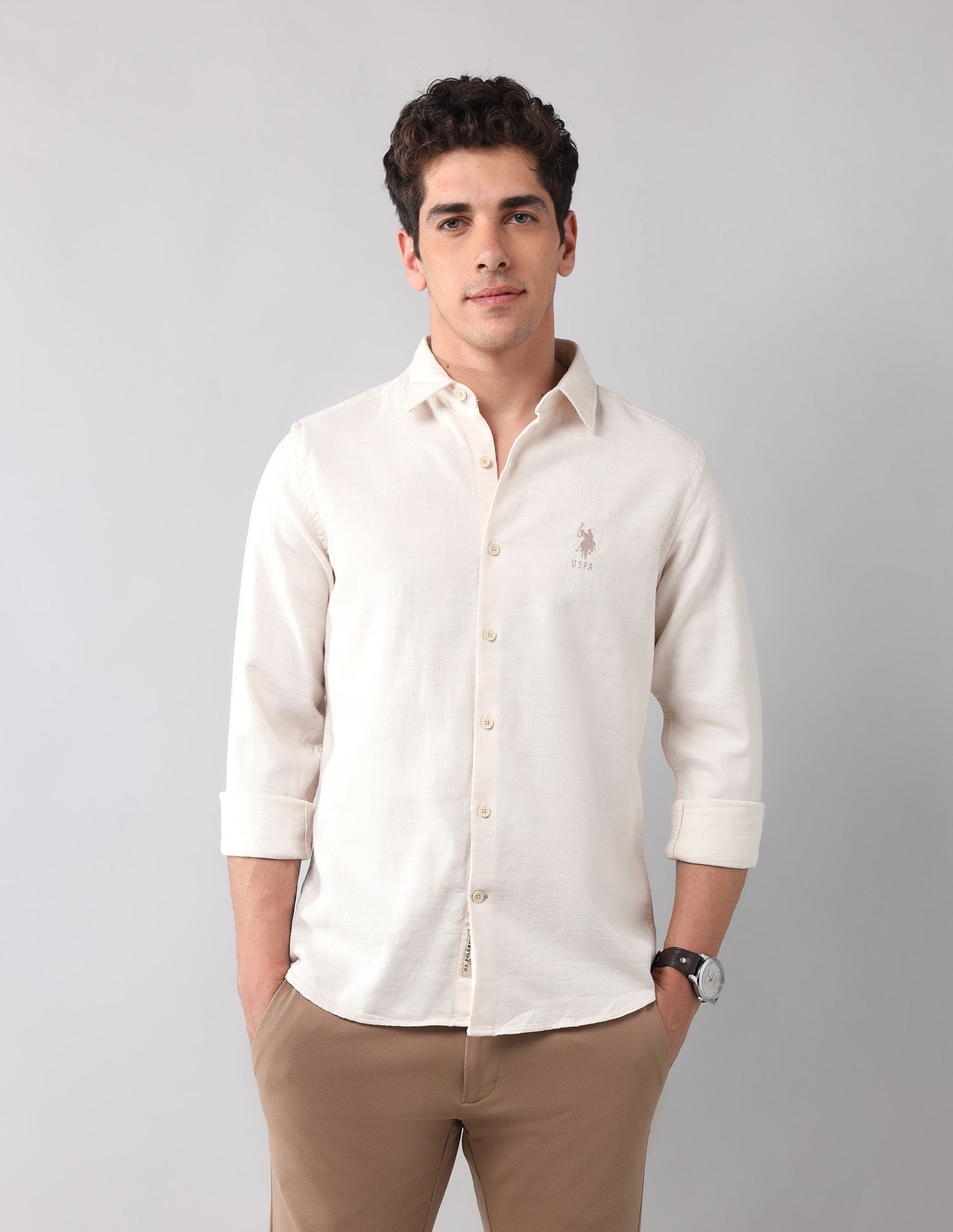 Solid Dobby Shirt Beige - U.S. Polo Assn. India | Large