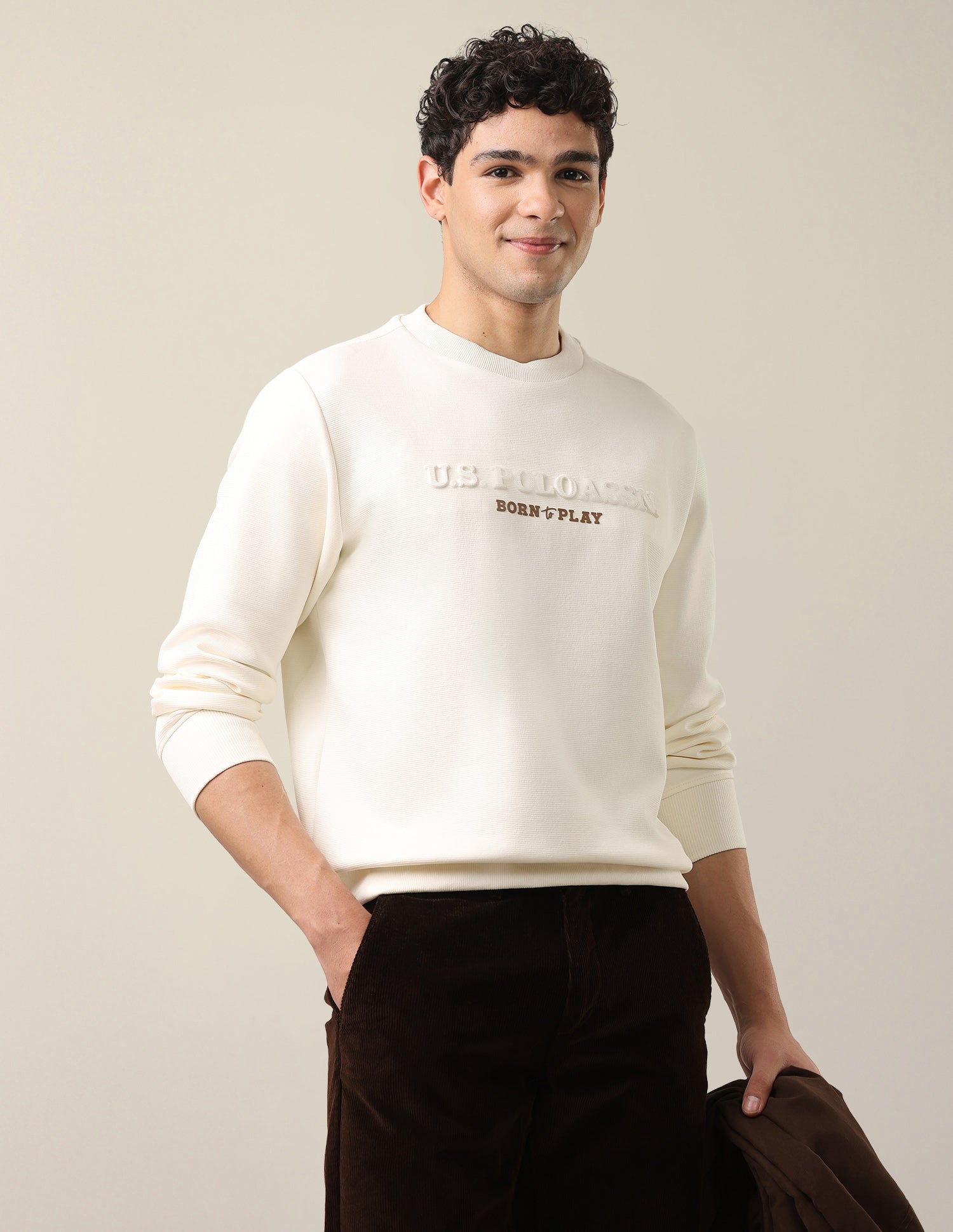 Brand Embossed Slim Fit Sweatshirt Off White - U.S. Polo Assn. India | Large