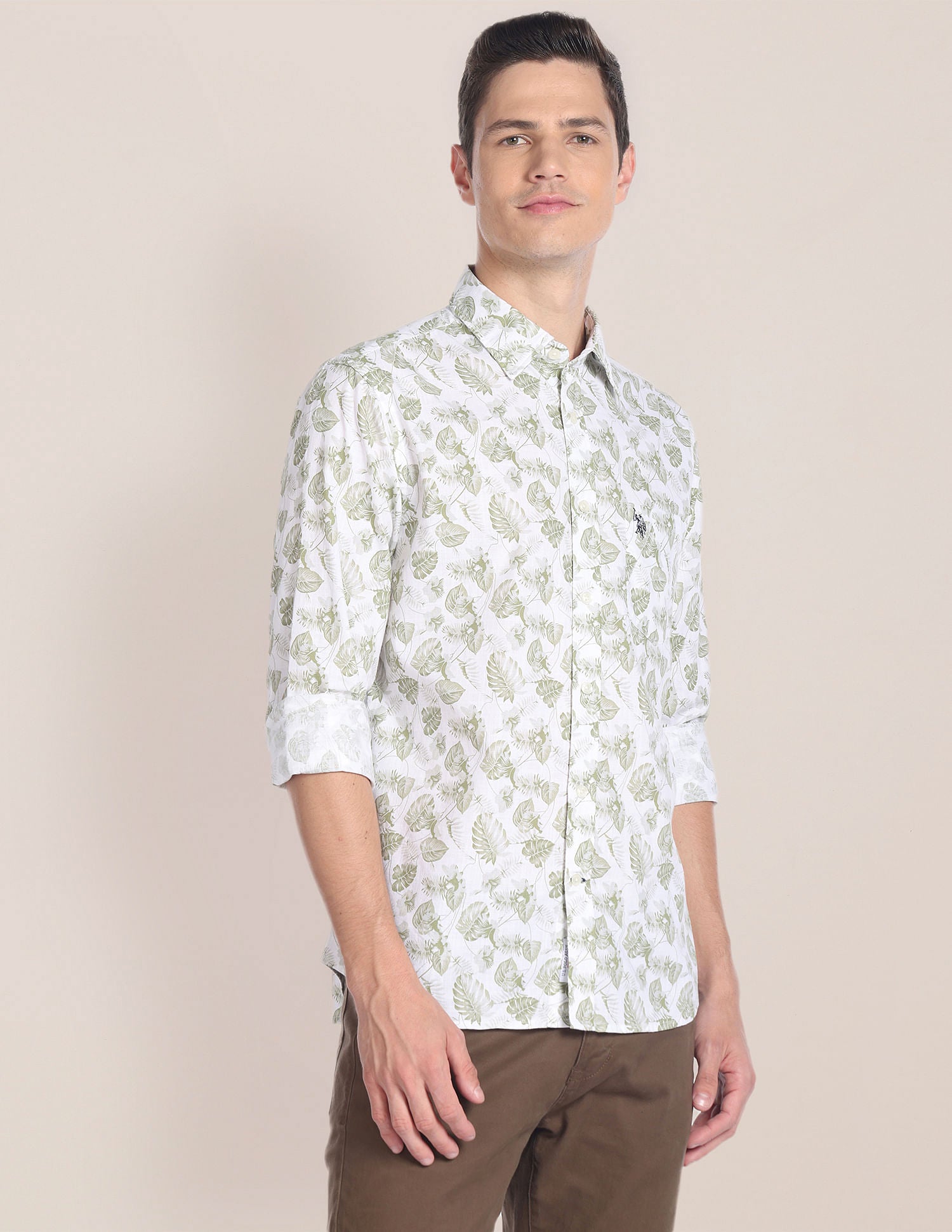 Tropical Print Cotton Shirt Olive - U.S. Polo Assn. India | Large
