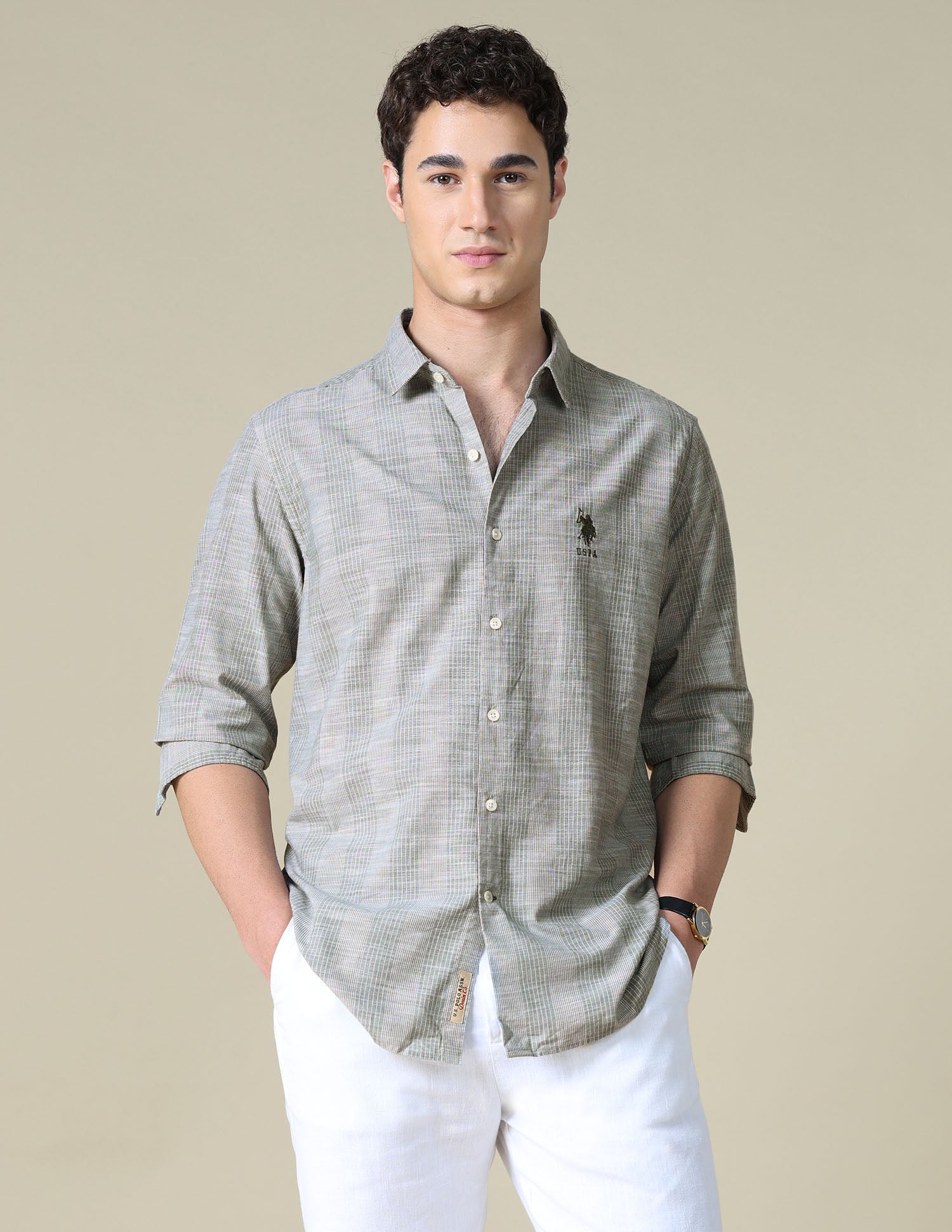 Vertical Striped Regular Fit Shirt Light Olive - U.S. Polo Assn. India | Large