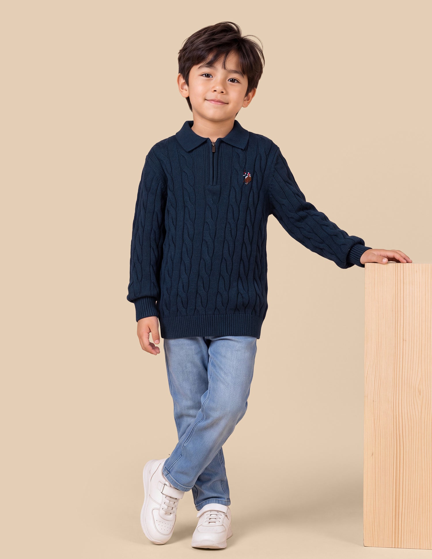 Cable Patterned Knit Regular Fit Sweater Grey Melang - U.S. Polo Assn. India | Large