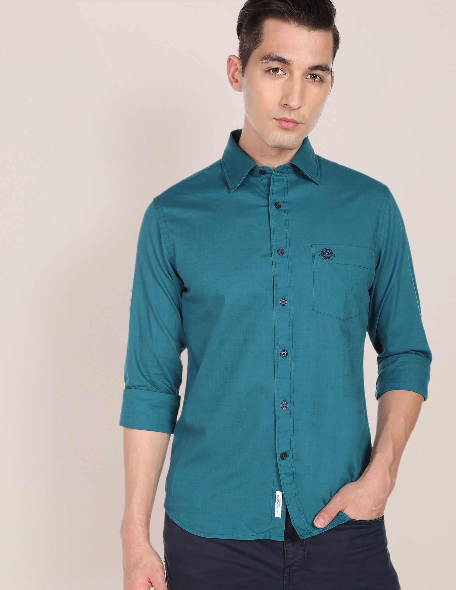 Tailored Regular Fit Cotton Casual Shirt Teal - U.S. Polo Assn. India | Large