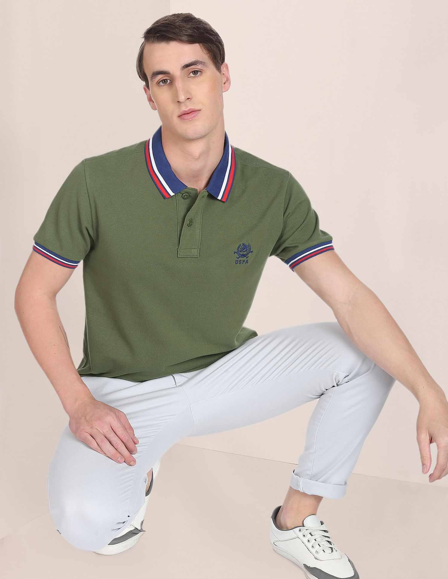 Striped Collar Brand Logo Polo Shirt Olive - U.S. Polo Assn. India | Large