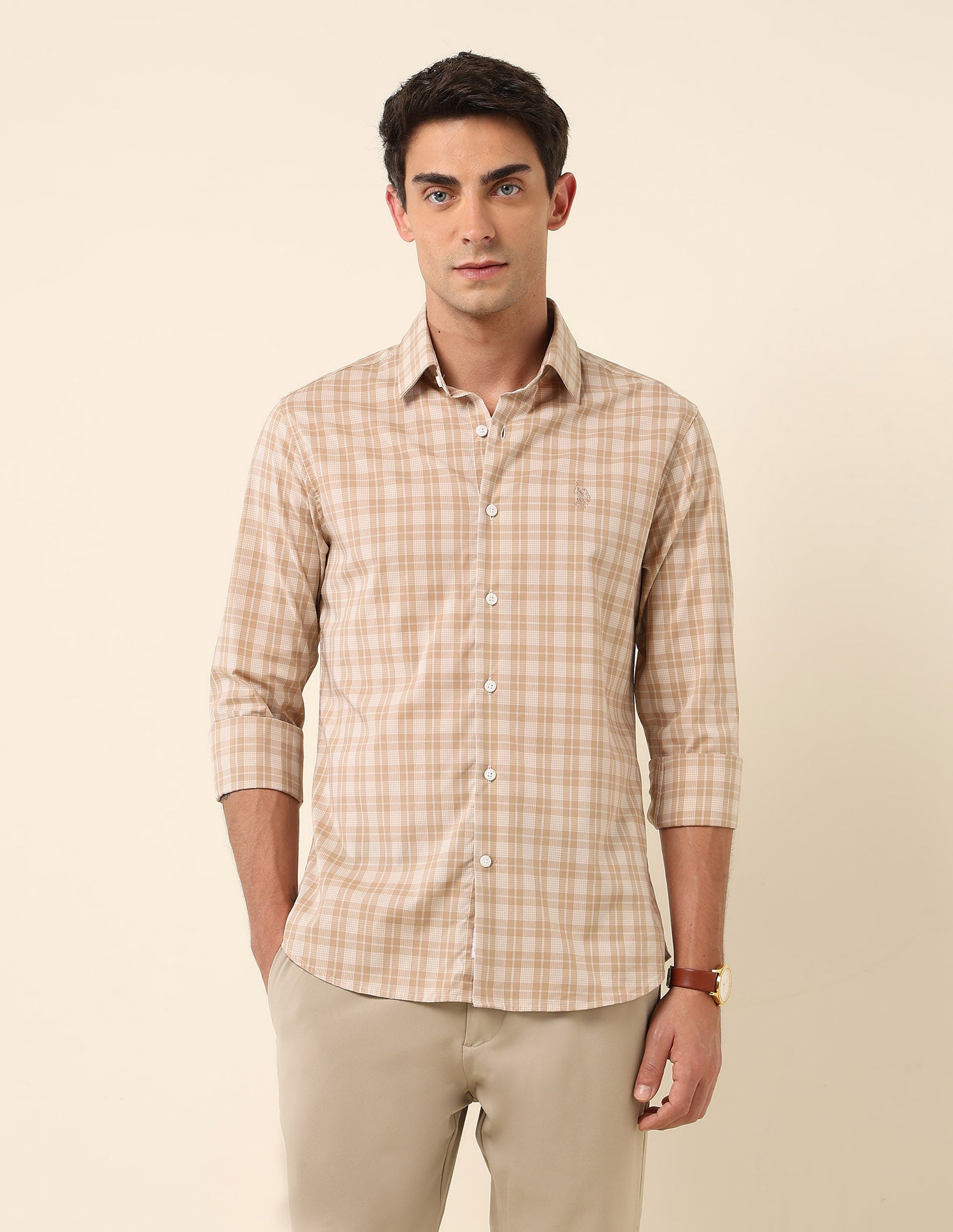 Grid Tattersall Checked Tailored Fit Shirt Beige - U.S. Polo Assn. India | Large