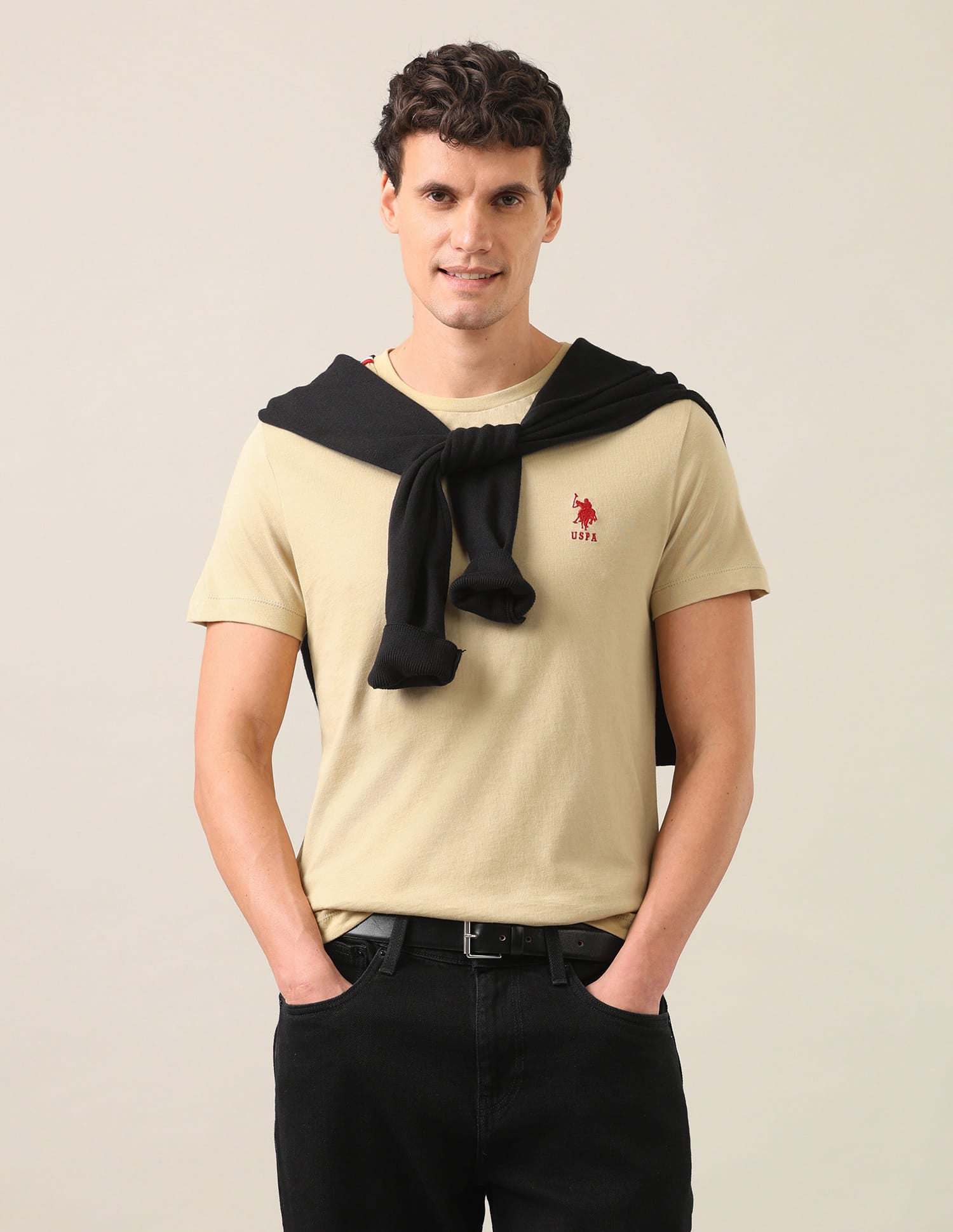 Solid Regular Fit T-Shirt Beige - U.S. Polo Assn. India | Large