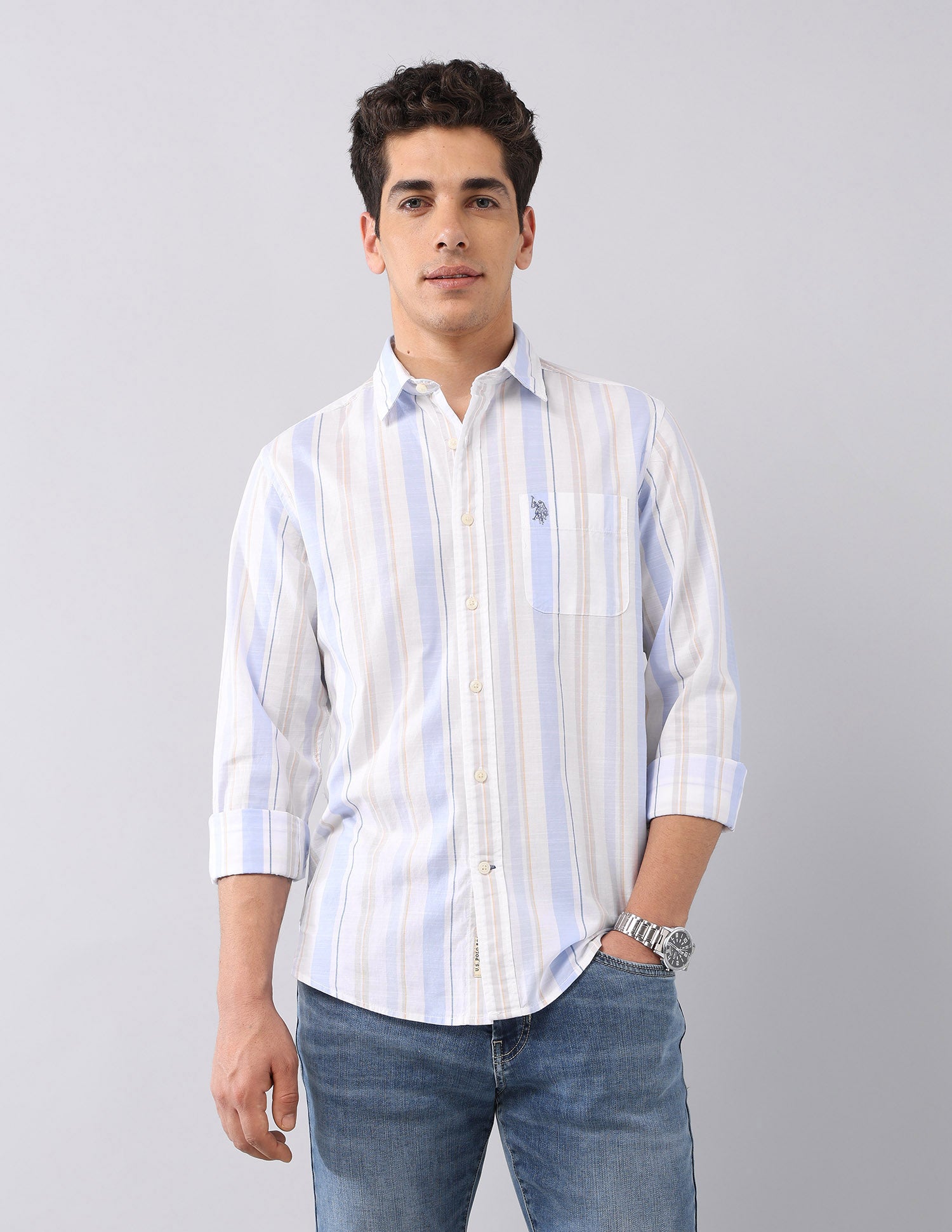 Pure Cotton Regular Fit Shirt Light Blue - U.S. Polo Assn. India | Large