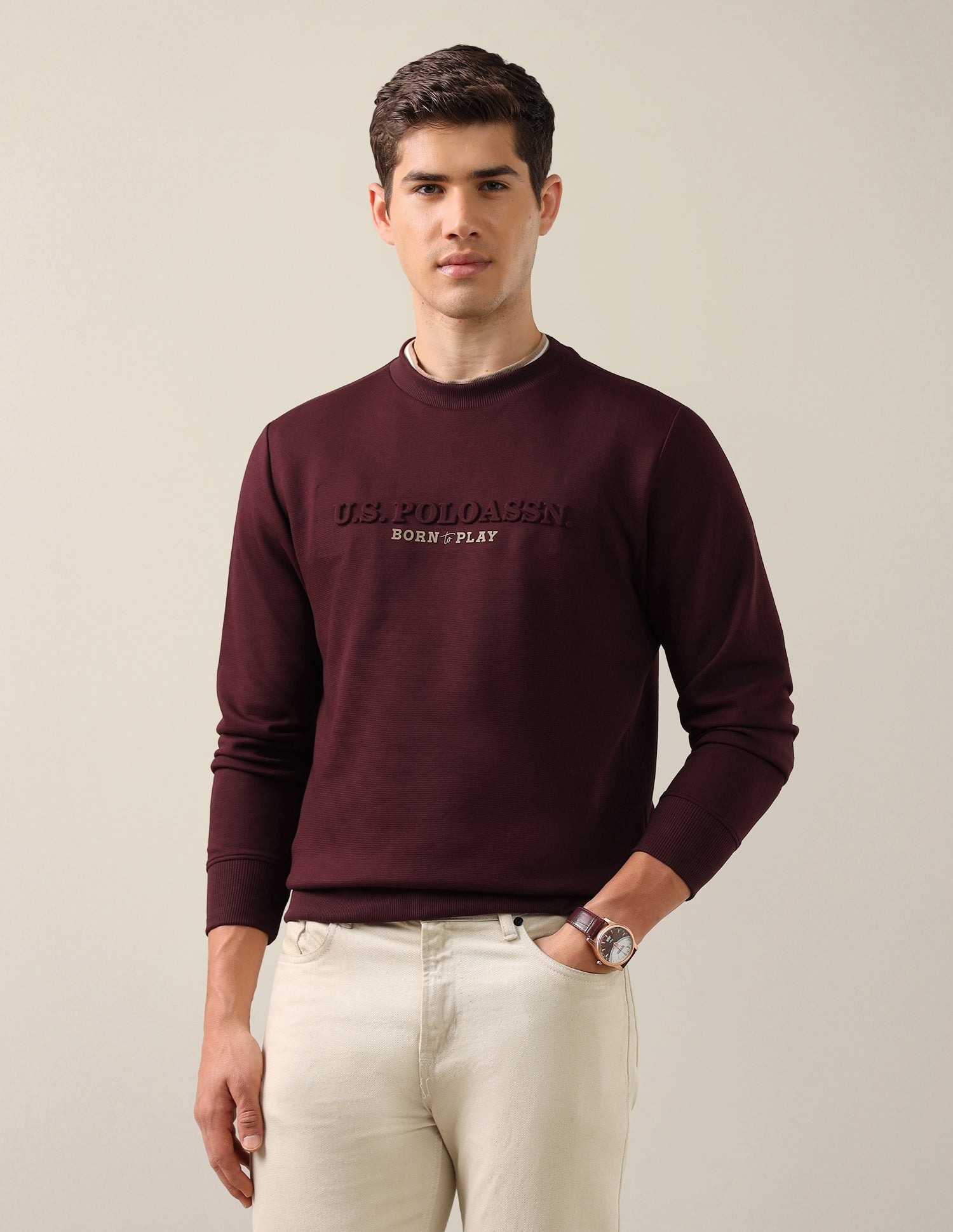 Brand Embossed Slim Fit Sweatshirt Maroon - U.S. Polo Assn. India | Large