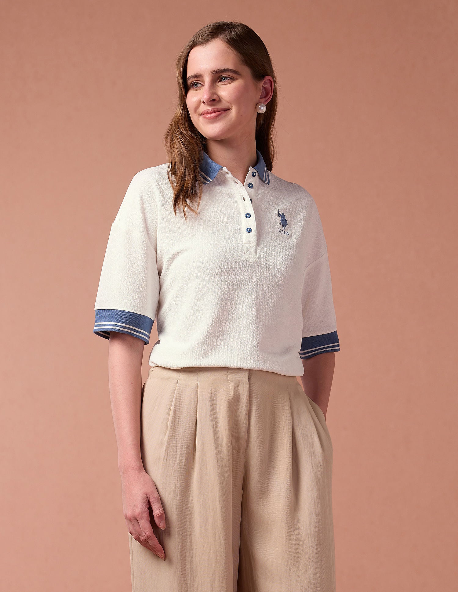 Oversized Textured Knit Polo Shirt Off White - U.S. Polo Assn. India | Large