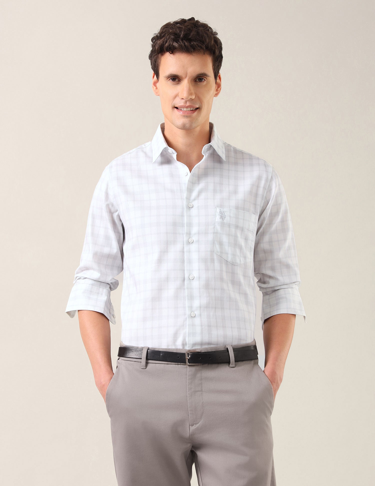 Grid Tattersall Checked With Textured Tailored Fit Shirt Light Grey - U.S. Polo Assn. India | Large