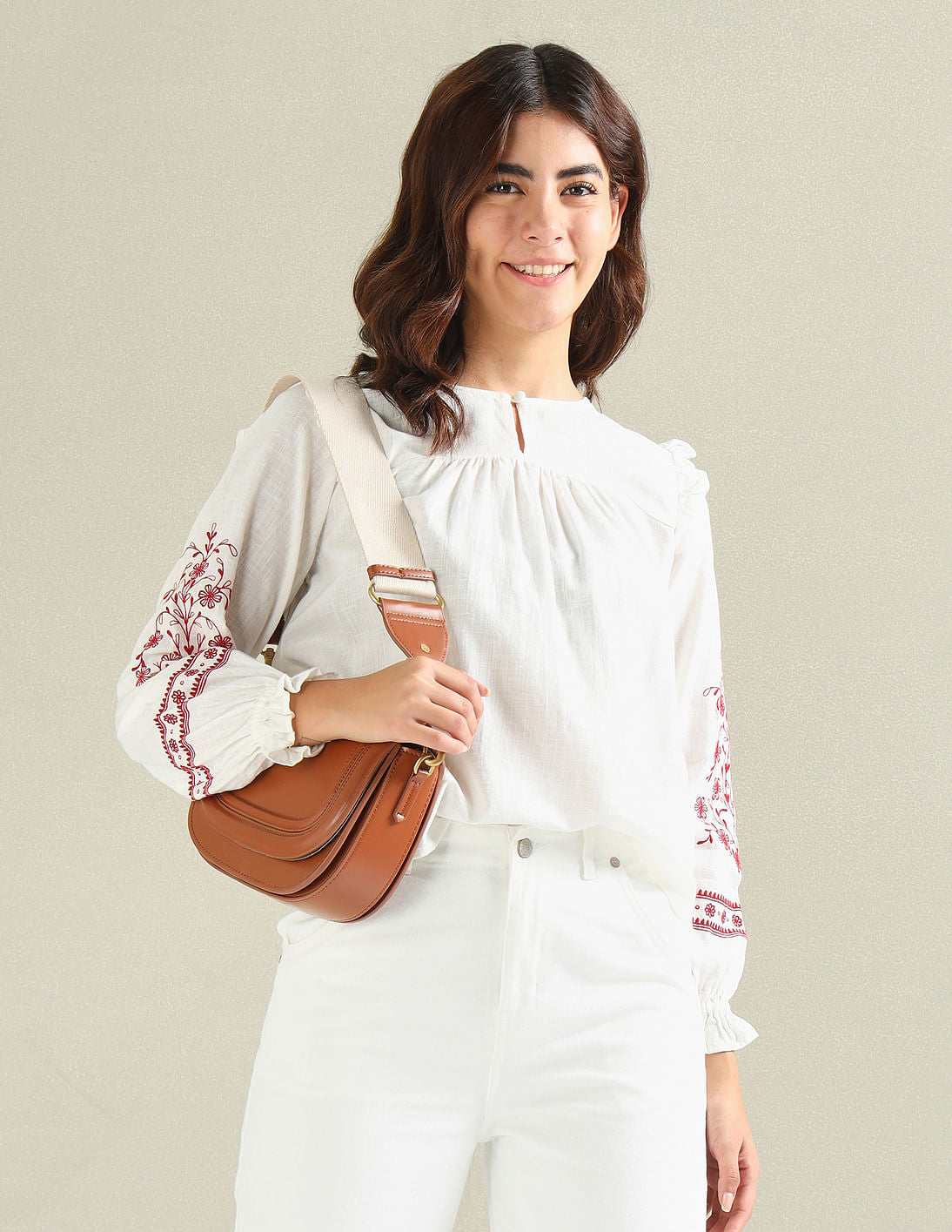 Embroidered Sleeve Cotton Flax Top White - U.S. Polo Assn. India | Large