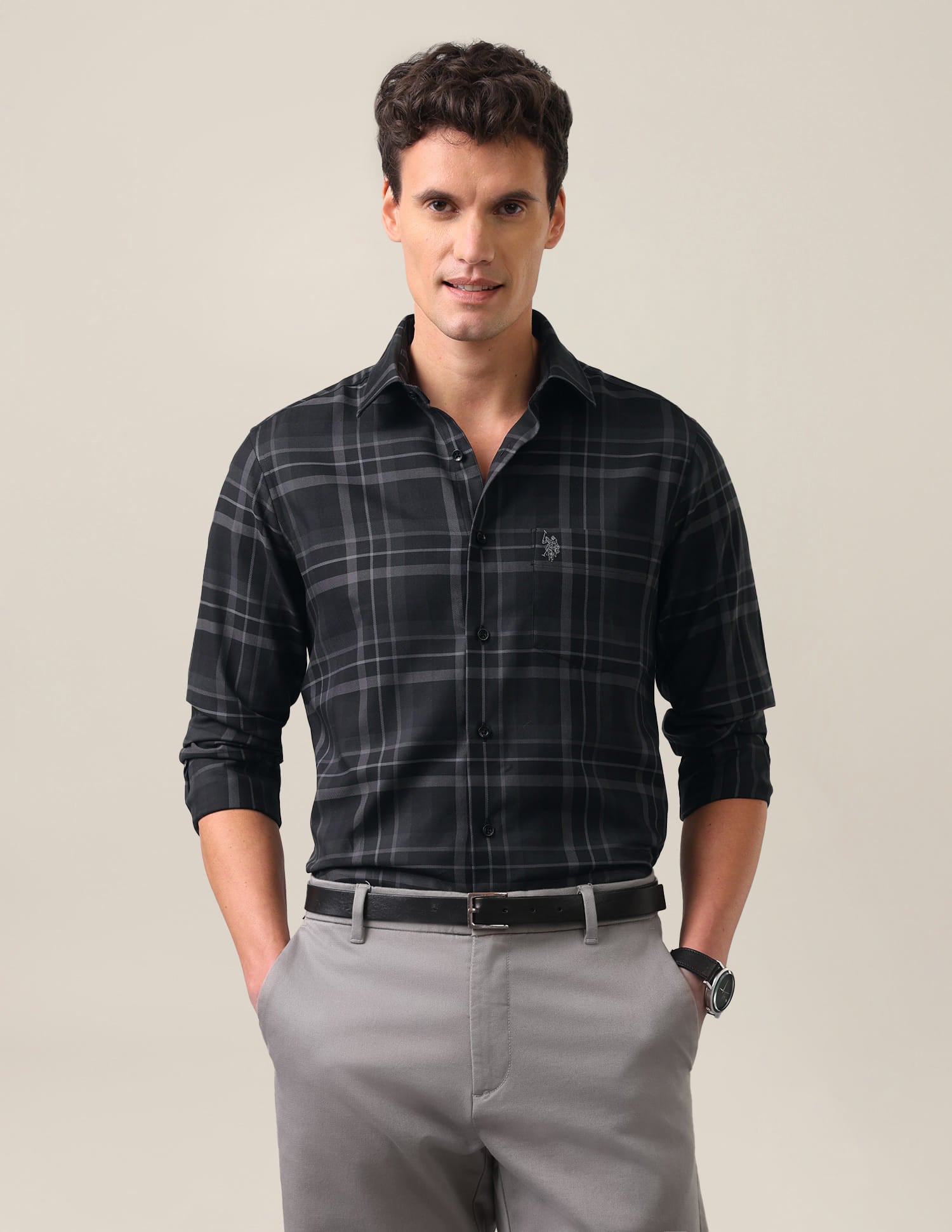 Plaid Checked Tailored Fit Shirt Charcoal Grey - U.S. Polo Assn. India | Large