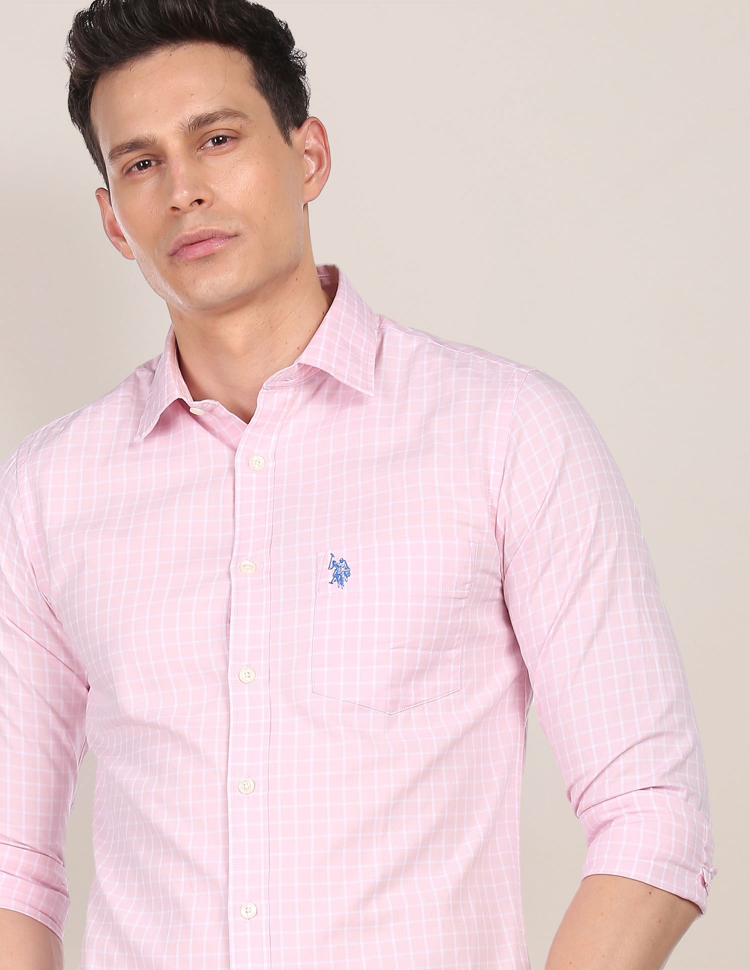 Rounded Cuff Check Casual Shirt Pink - U.S. Polo Assn. India | Large